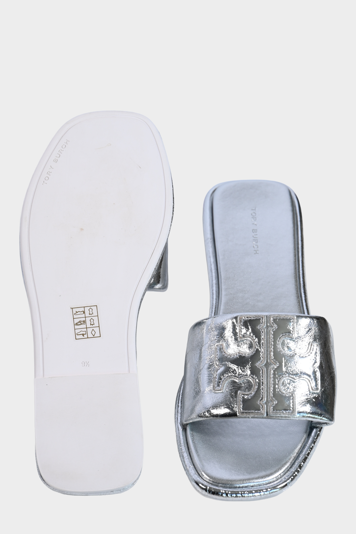 Tory Burch Silver Metallic Double T Slide Sandals Size 9.5