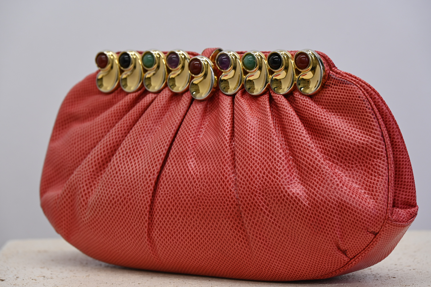 Vintage Judith Leiber Red Leather Jewel Clutch Bag