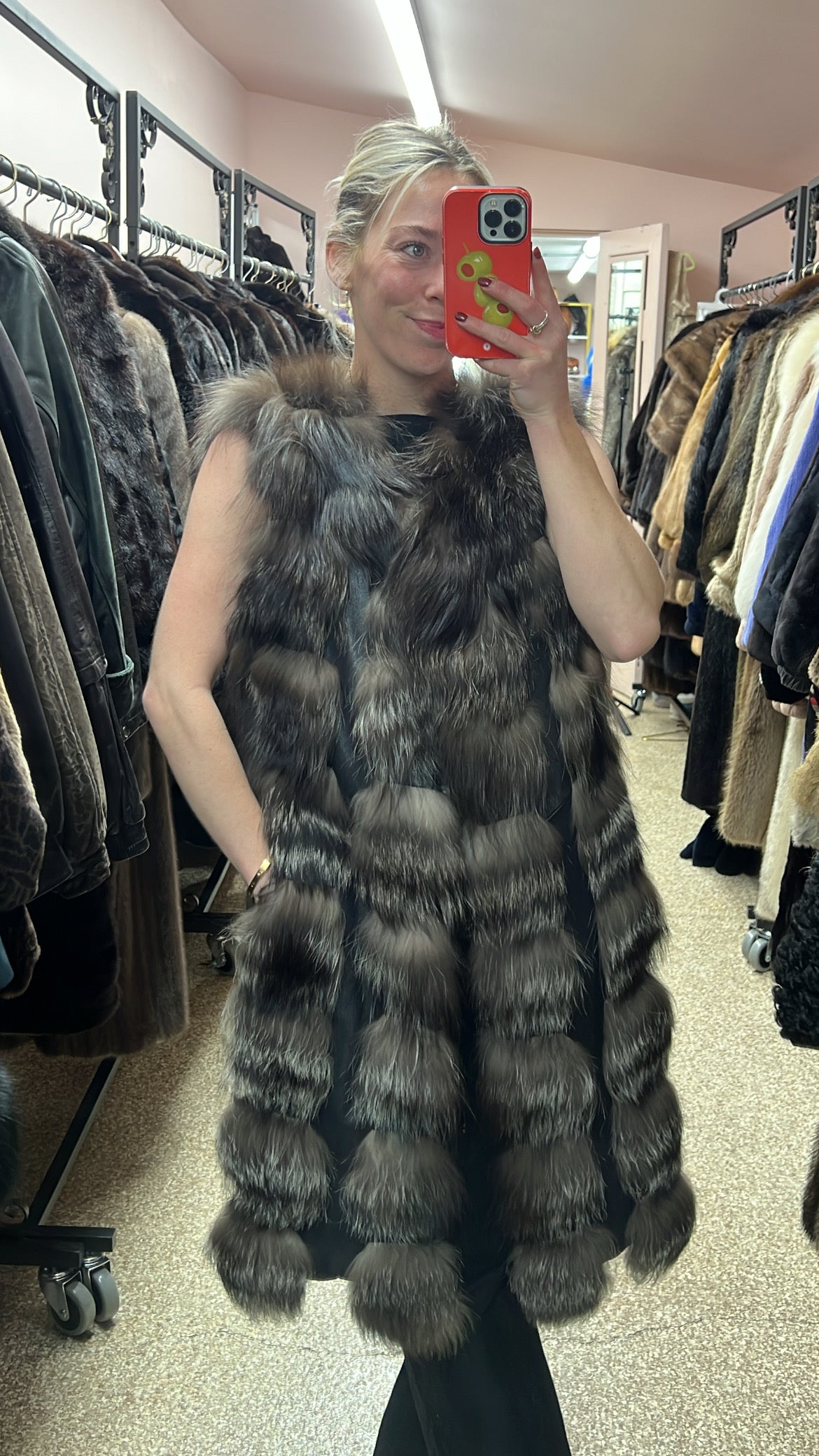 Silver Fox Fur and Leather Longline Vest