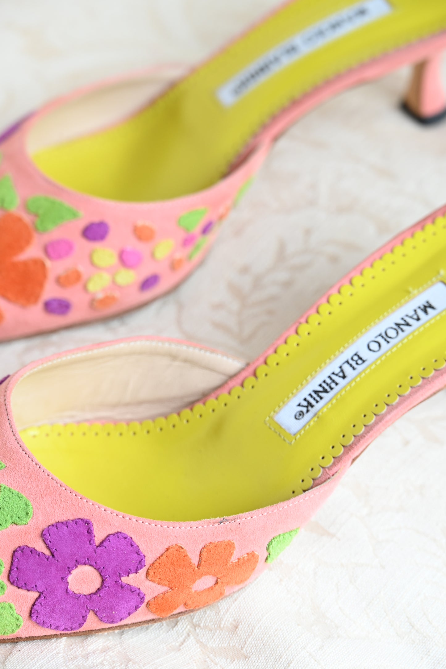 Manolo Blahnik Suede Floral Kitten Heels