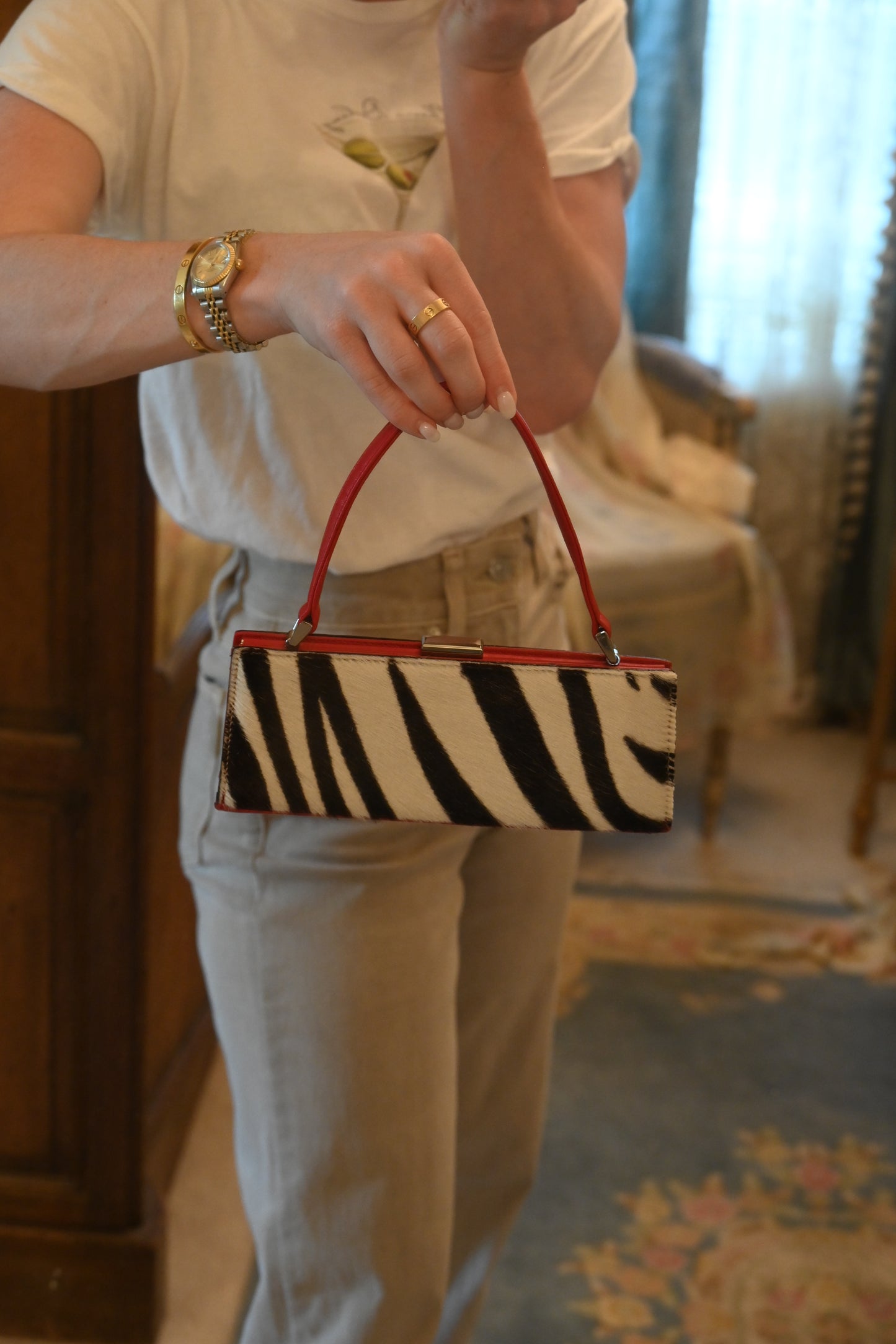 Vintage Adrienne Vittadini Zebra Calf Hair & Red Leather Top Handle Bag