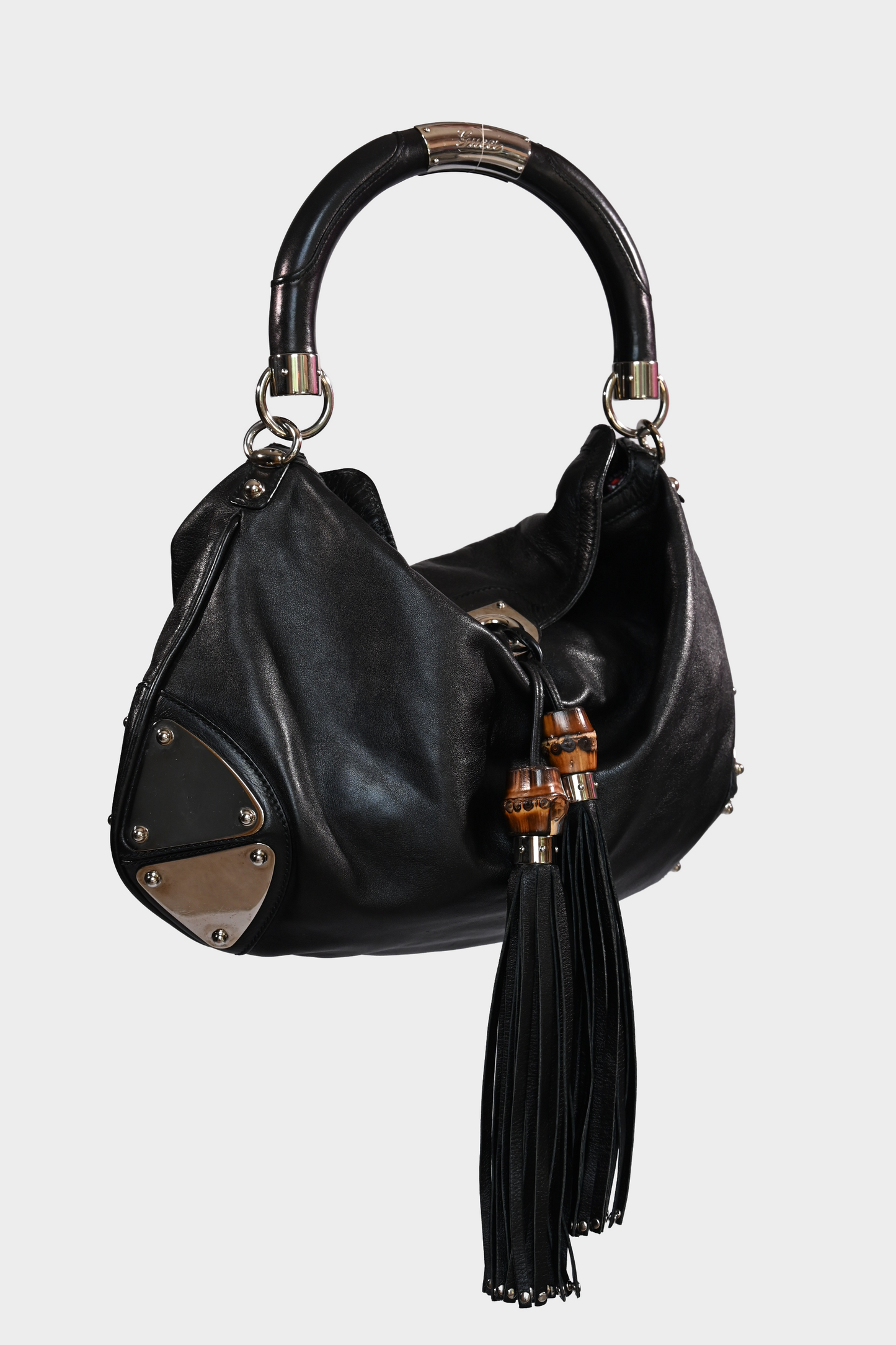 Gucci Indy Babouska Black Leather Bamboo Tassel Hobo Bag