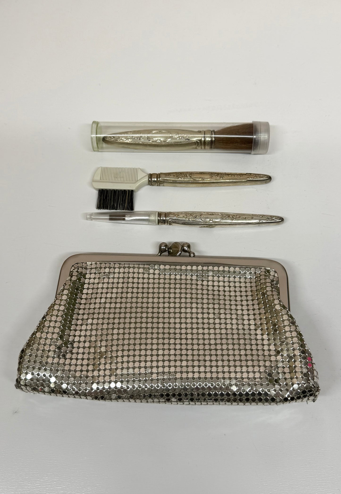 Vintage Whiting & Davis Silver Mesh Cosmetic Pouch Bag, 3 PC Vanity Set