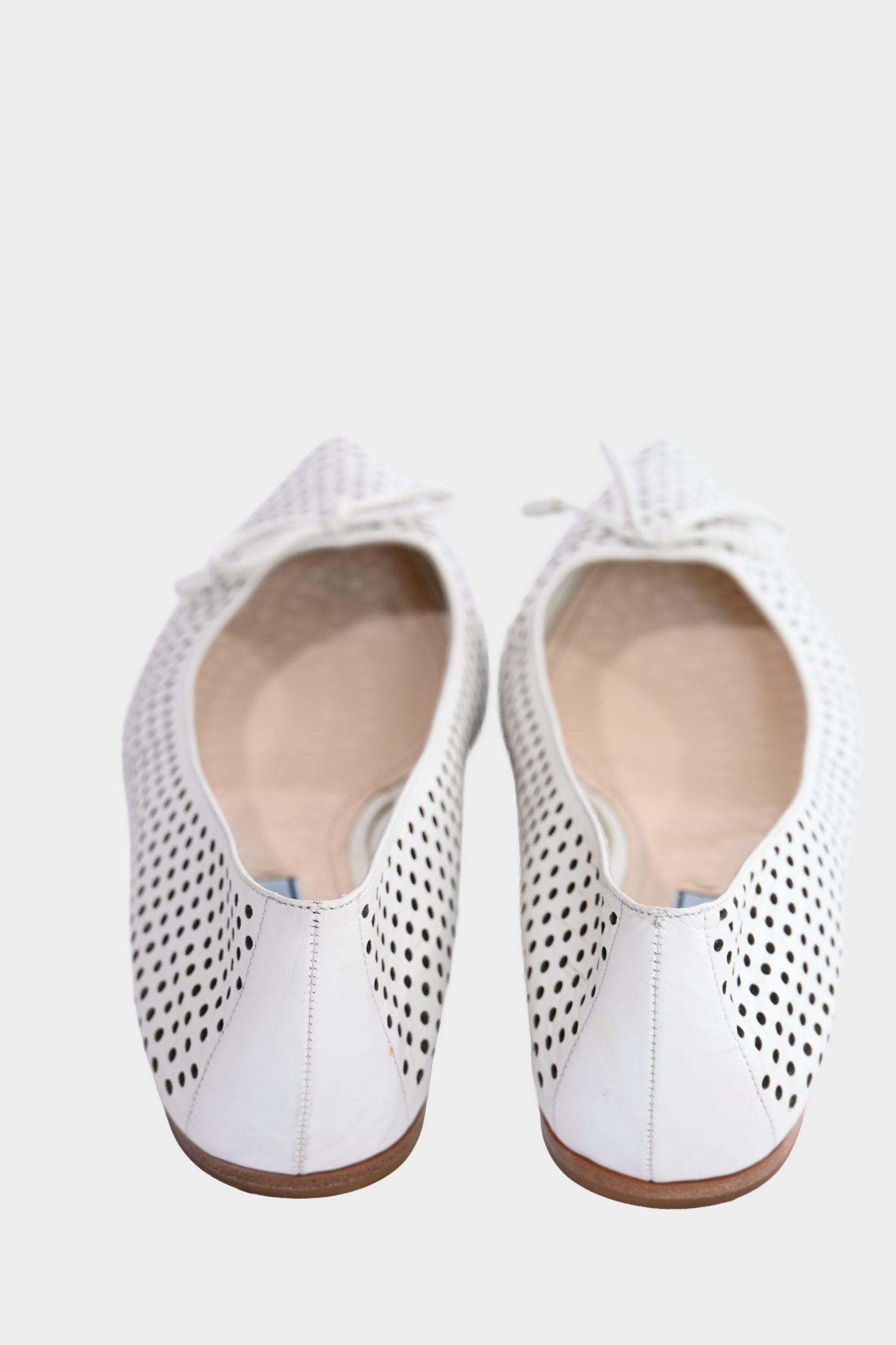 Prada White Perforated Leather Bow Pointed Toe Ballet Flats