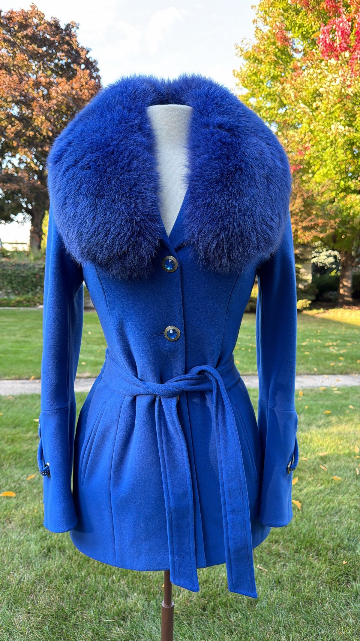Carlot Corp. Cobalt Blue Wool Jacket with Removable Fox Fur Collar