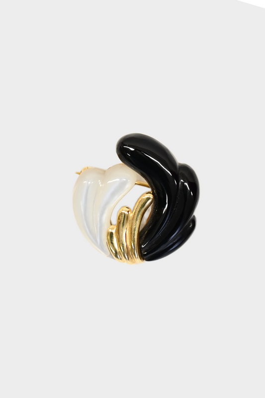 Vintage 14K Gold Onyx & Mother of Pearl Brooch Pin