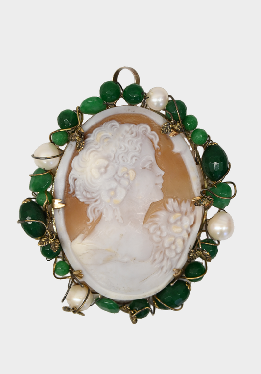 Vintage Hand Carved Shell Cameo Convertible Brooch Pendant with Pearl & Green Stone Setting
