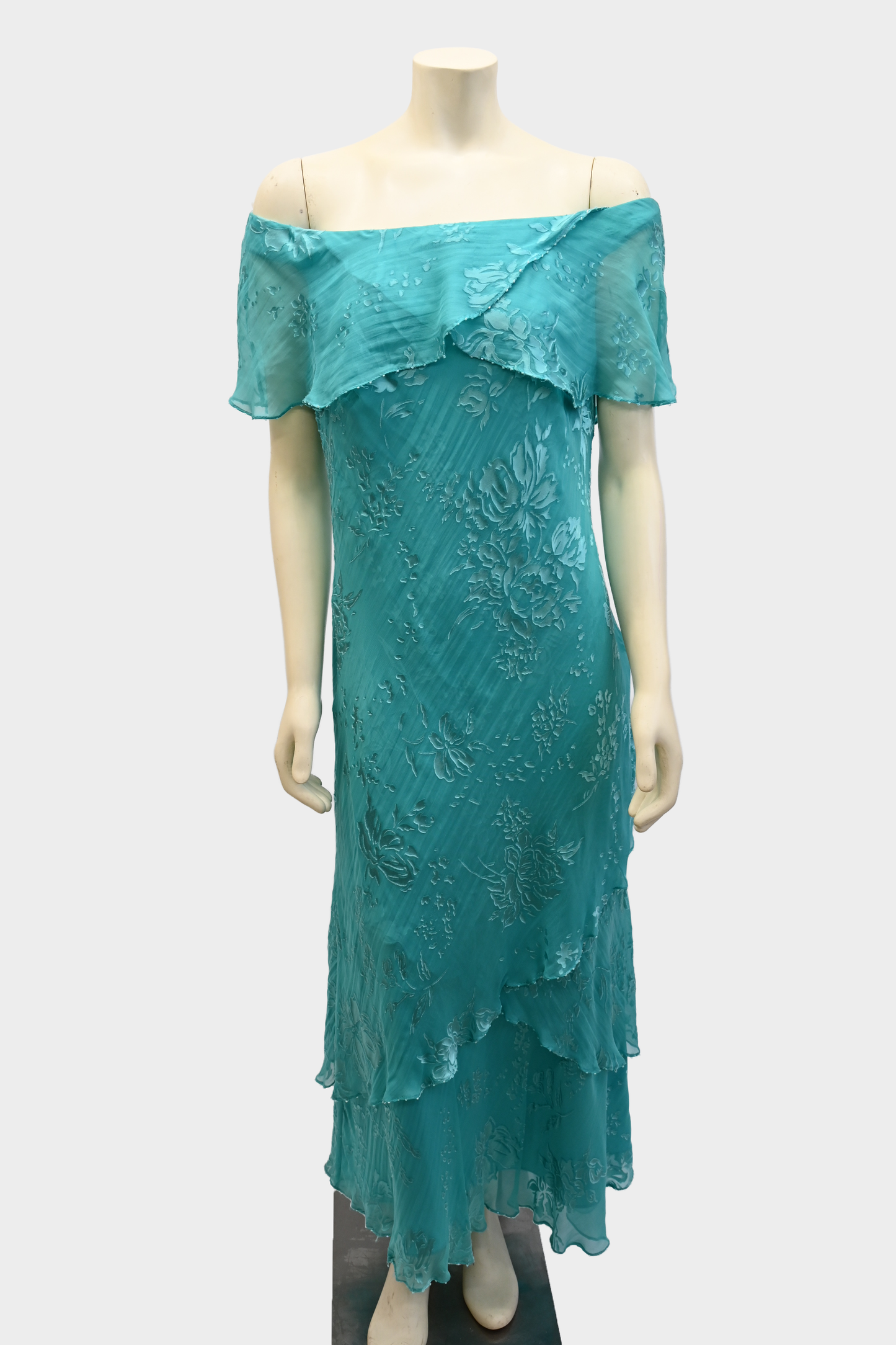 Vintage 100% Silk Off-Shoulder Turquoise Floral Dress