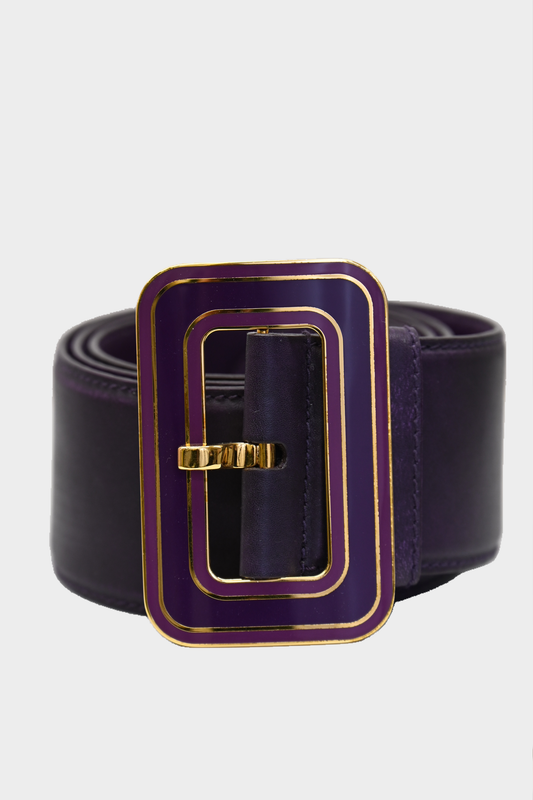 Vintage Miu Miu Purple Leather Belt with Gold Enamel Statement Buckle