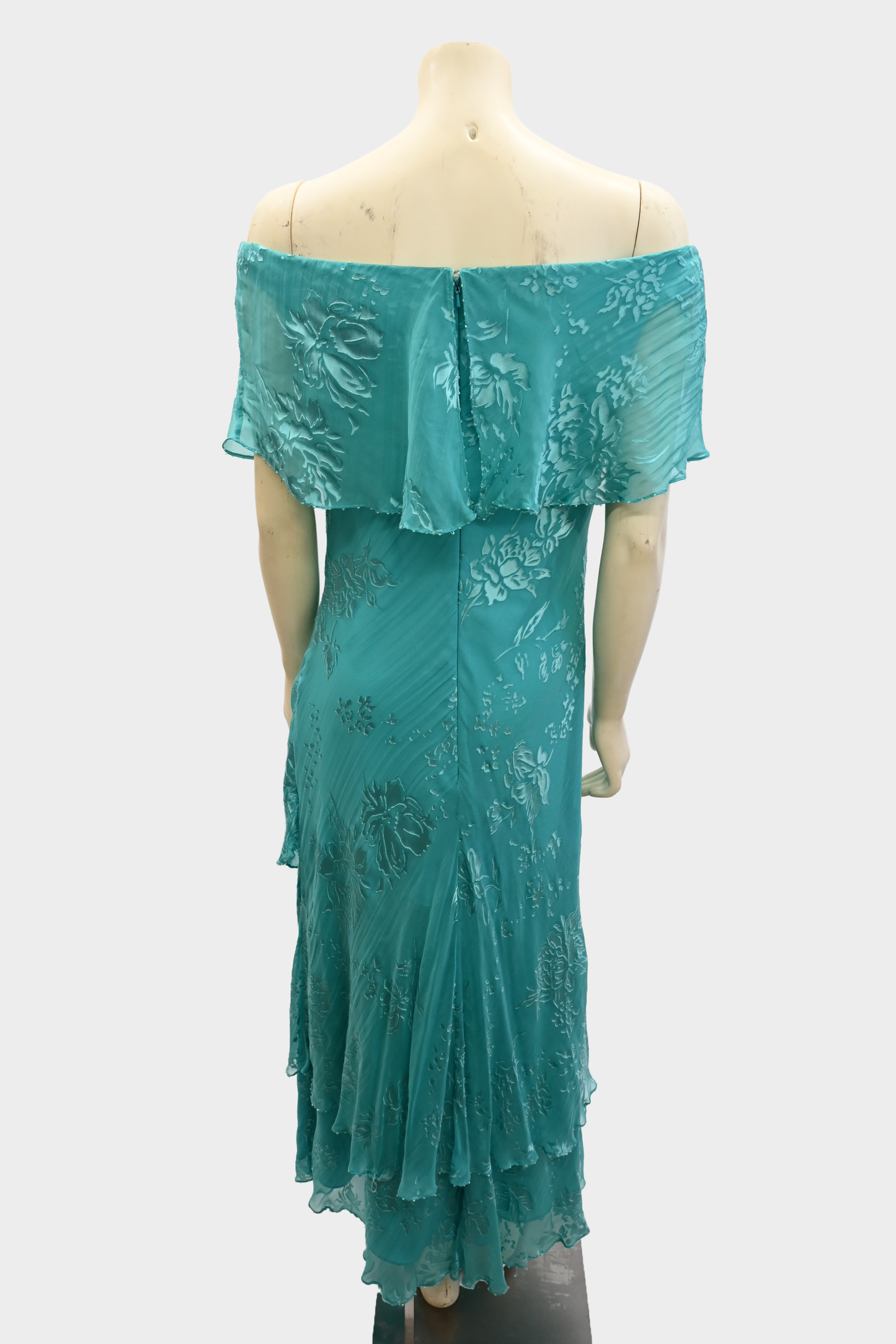 Vintage 100% Silk Off-Shoulder Turquoise Floral Dress