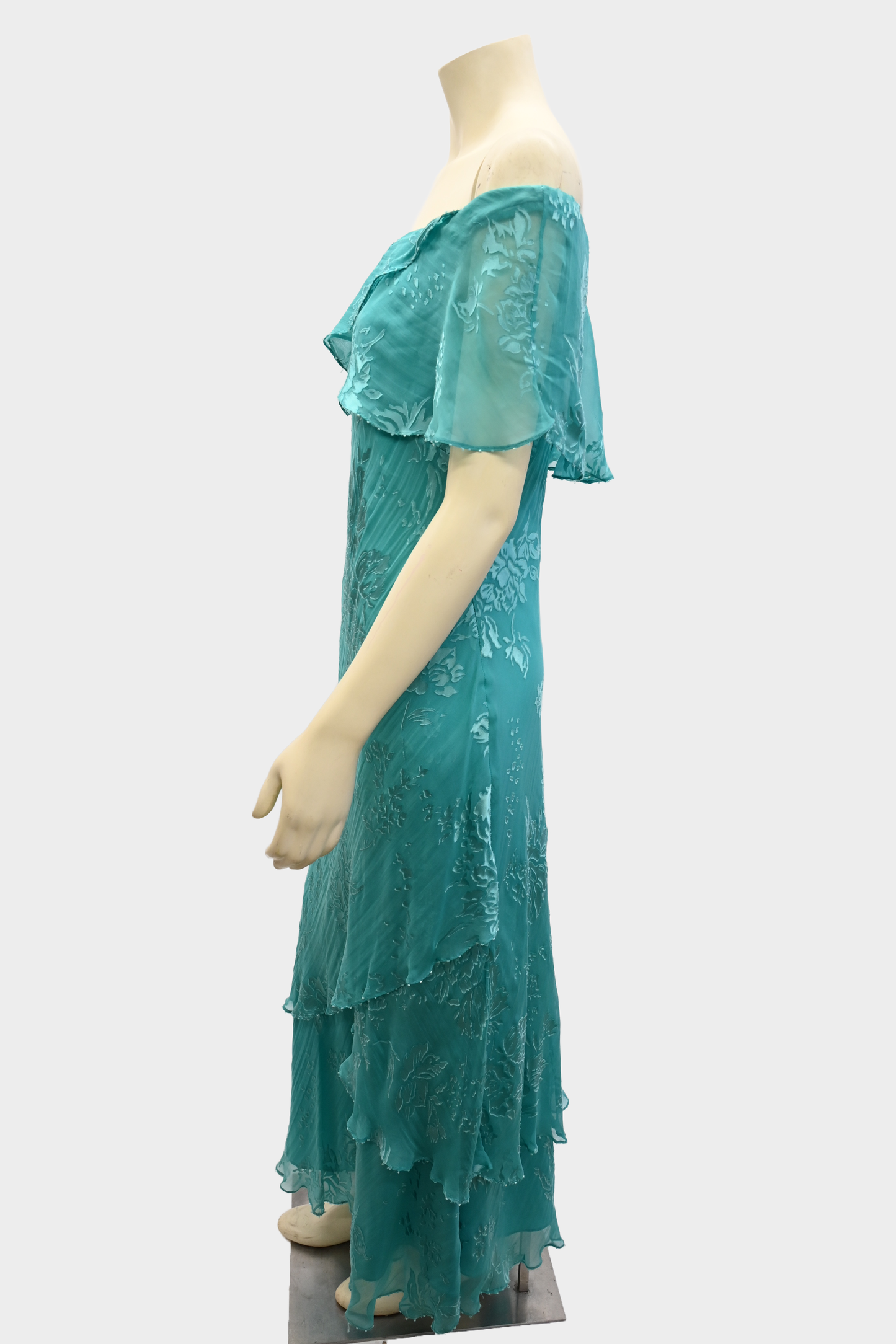 Vintage 100% Silk Off-Shoulder Turquoise Floral Dress