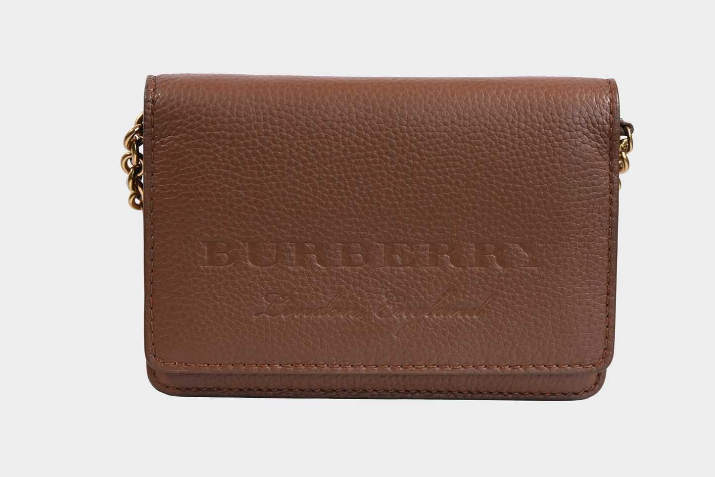 Burberry Brown Pebbled Leather Chain Wallet Crossbody