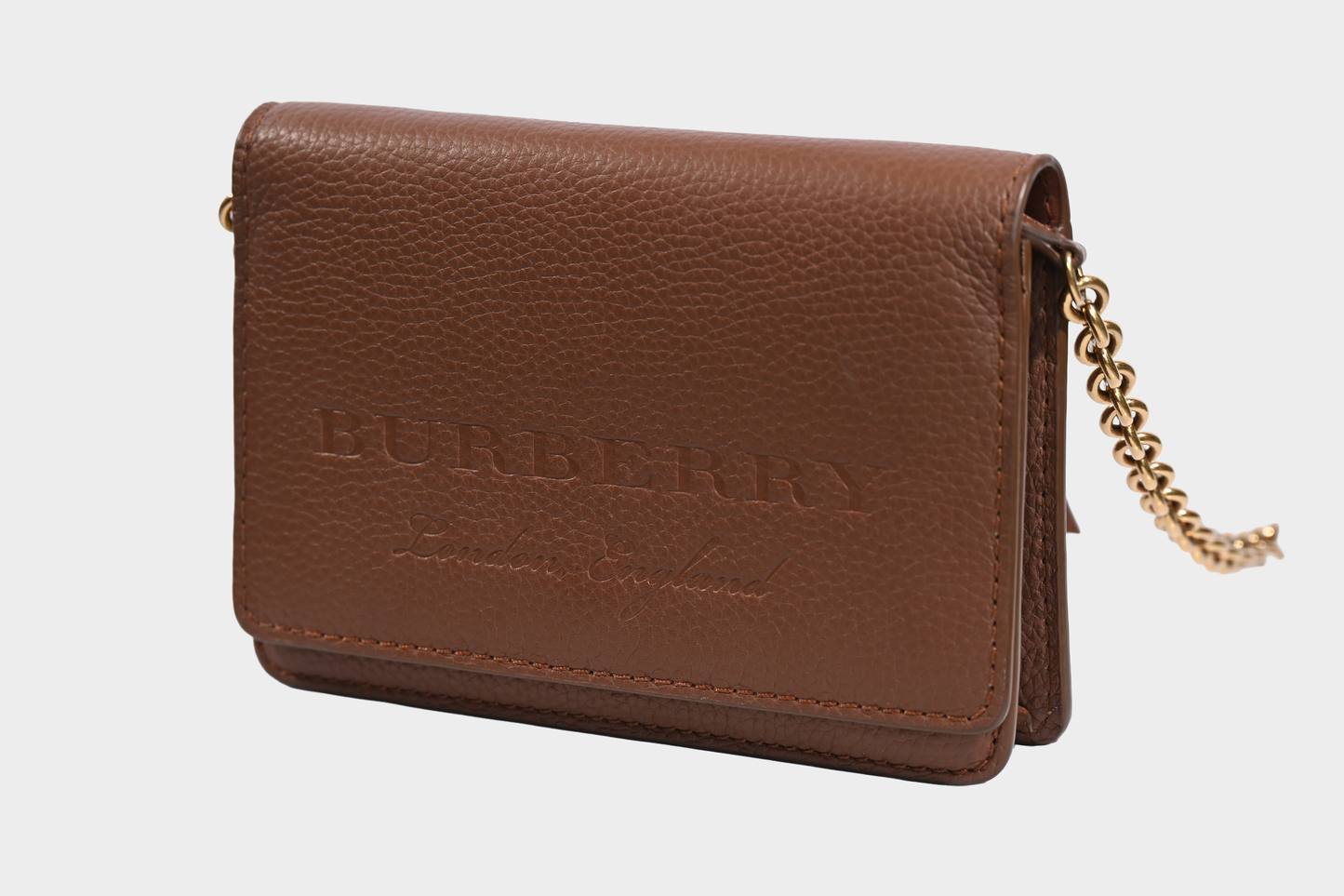 Burberry Brown Pebbled Leather Chain Wallet Crossbody