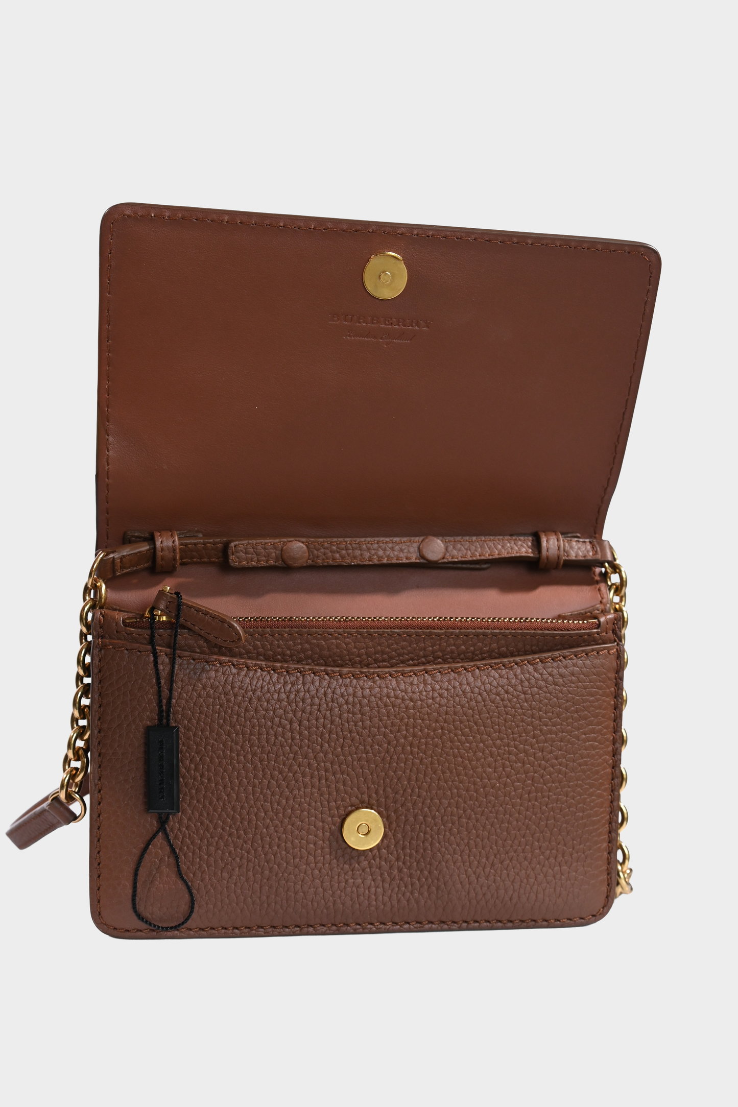 Burberry Brown Pebbled Leather Chain Wallet Crossbody
