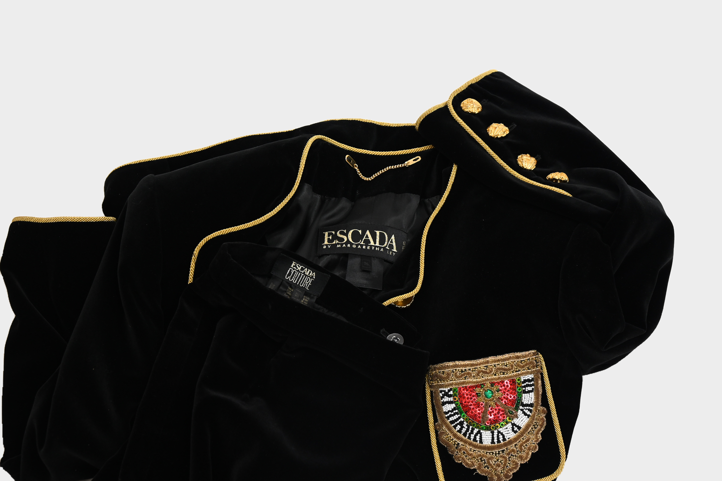 Escada FW 1990 Beaded Velvet 2-Piece Set, Jacket & Skirt