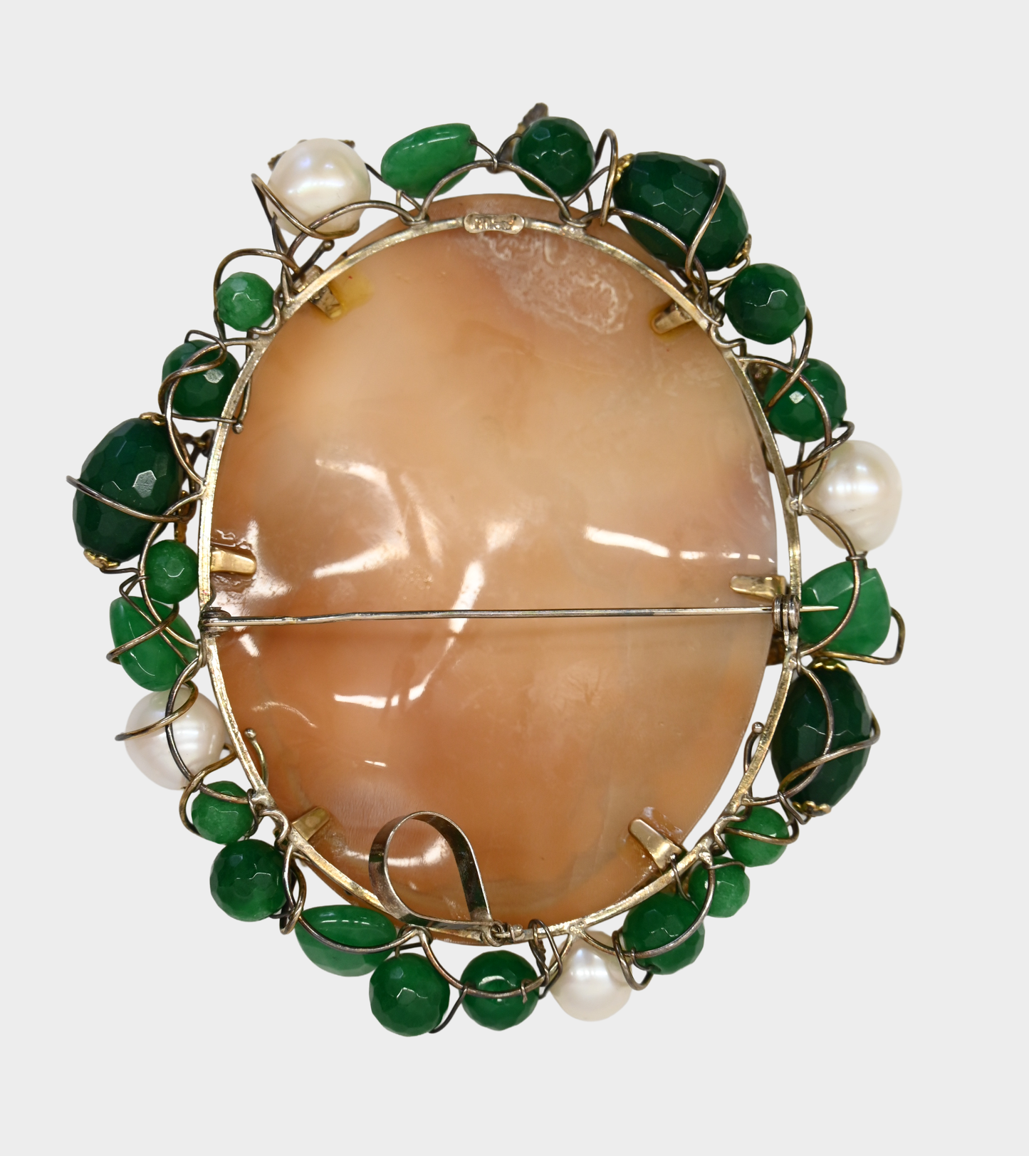 Vintage Hand Carved Shell Cameo Convertible Brooch Pendant with Pearl & Green Stone Setting