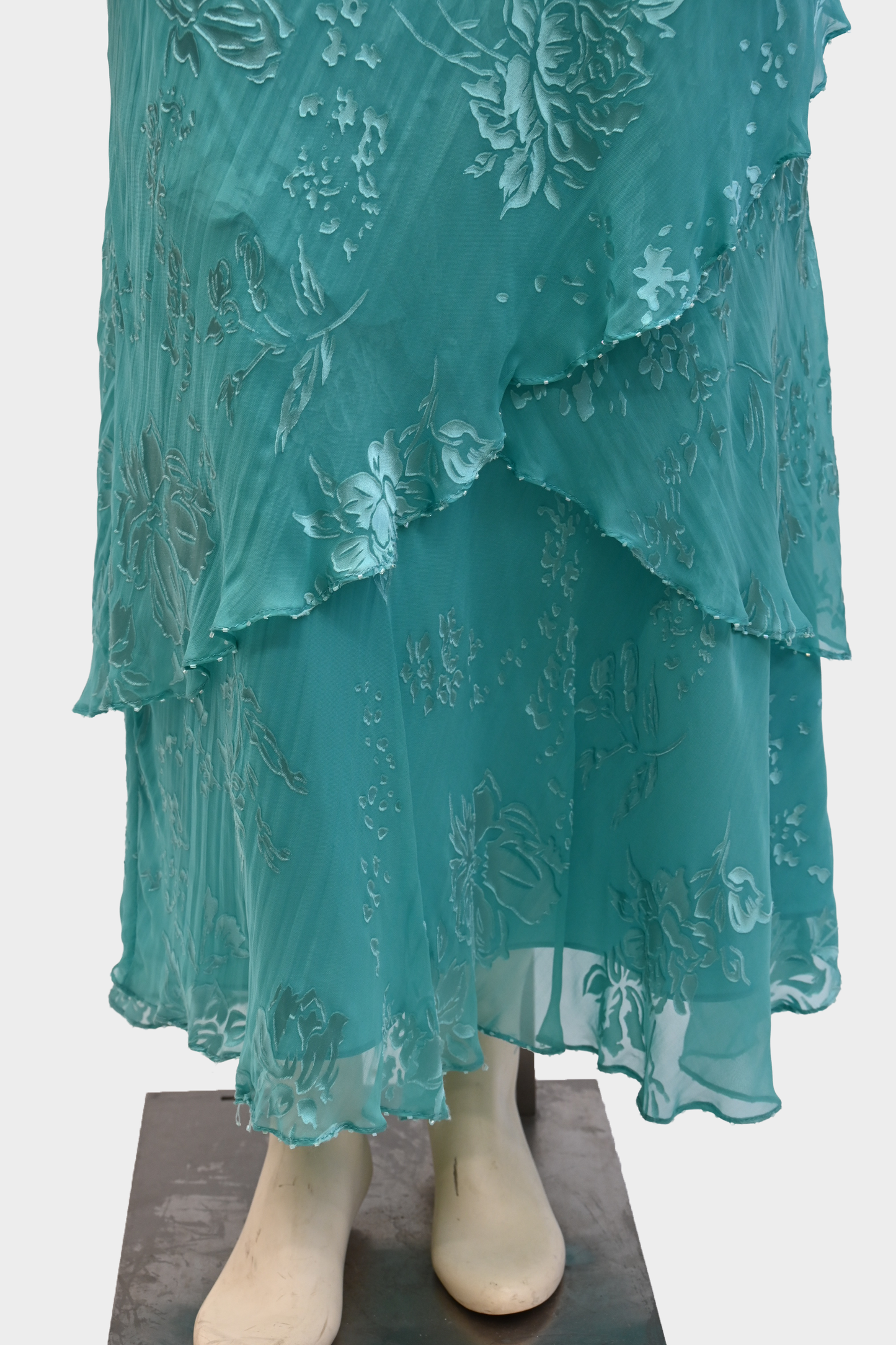 Vintage 100% Silk Off-Shoulder Turquoise Floral Dress