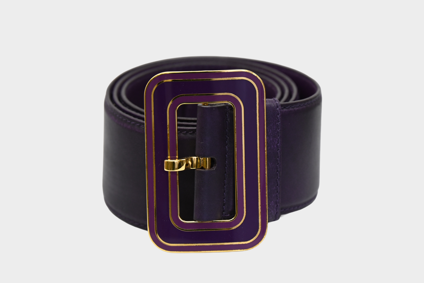 Vintage Miu Miu Purple Leather Belt with Gold Enamel Statement Buckle