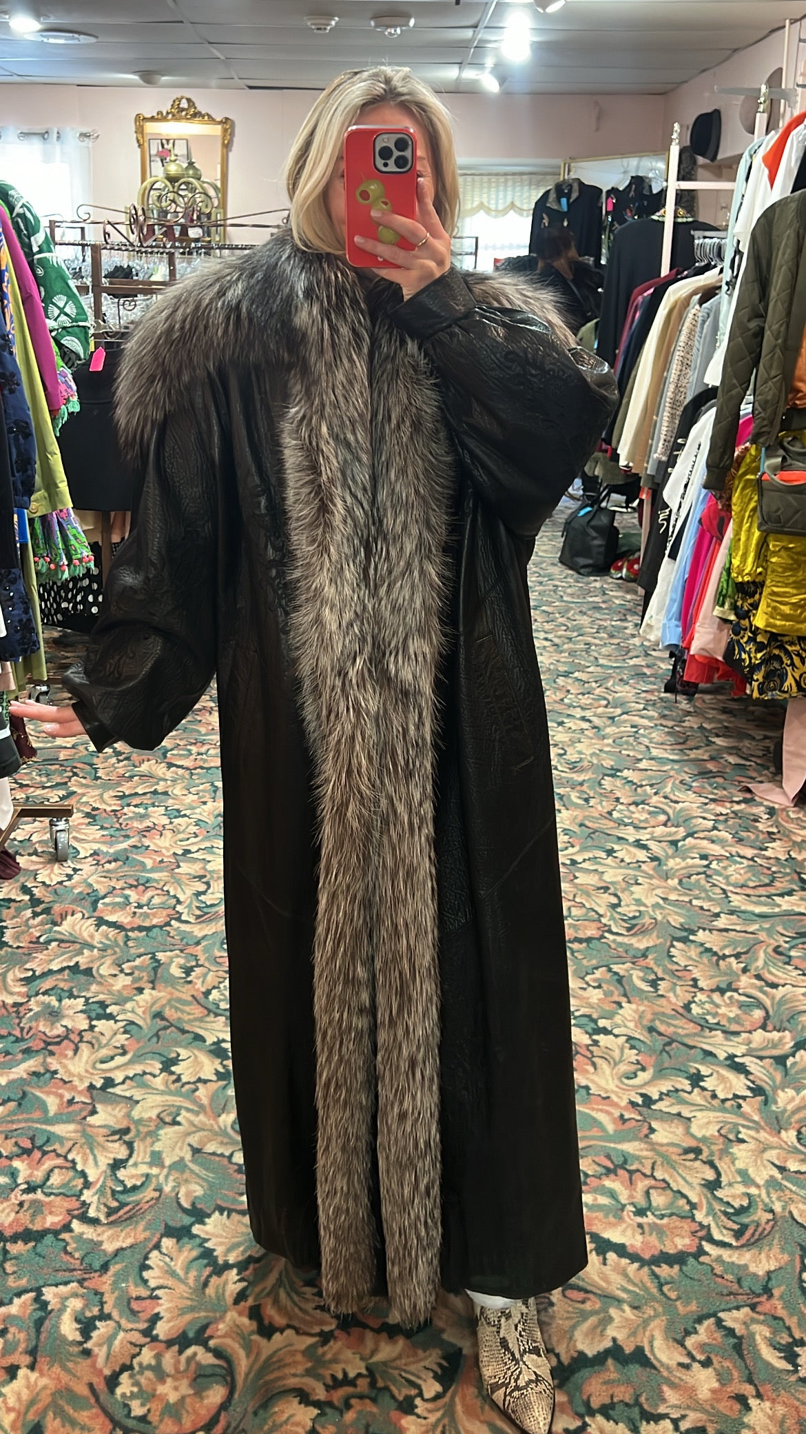 SAGA FOX Silver Fox Royal Tuxedo Trim Embroidered Leather Coat