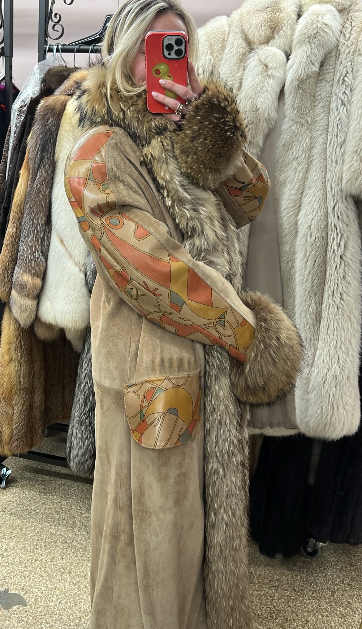 Suede Hand-Painted Coat with Fur Trim