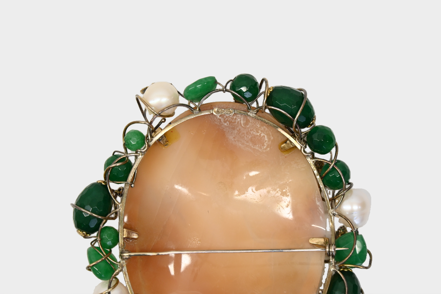 Vintage Hand Carved Shell Cameo Convertible Brooch Pendant with Pearl & Green Stone Setting