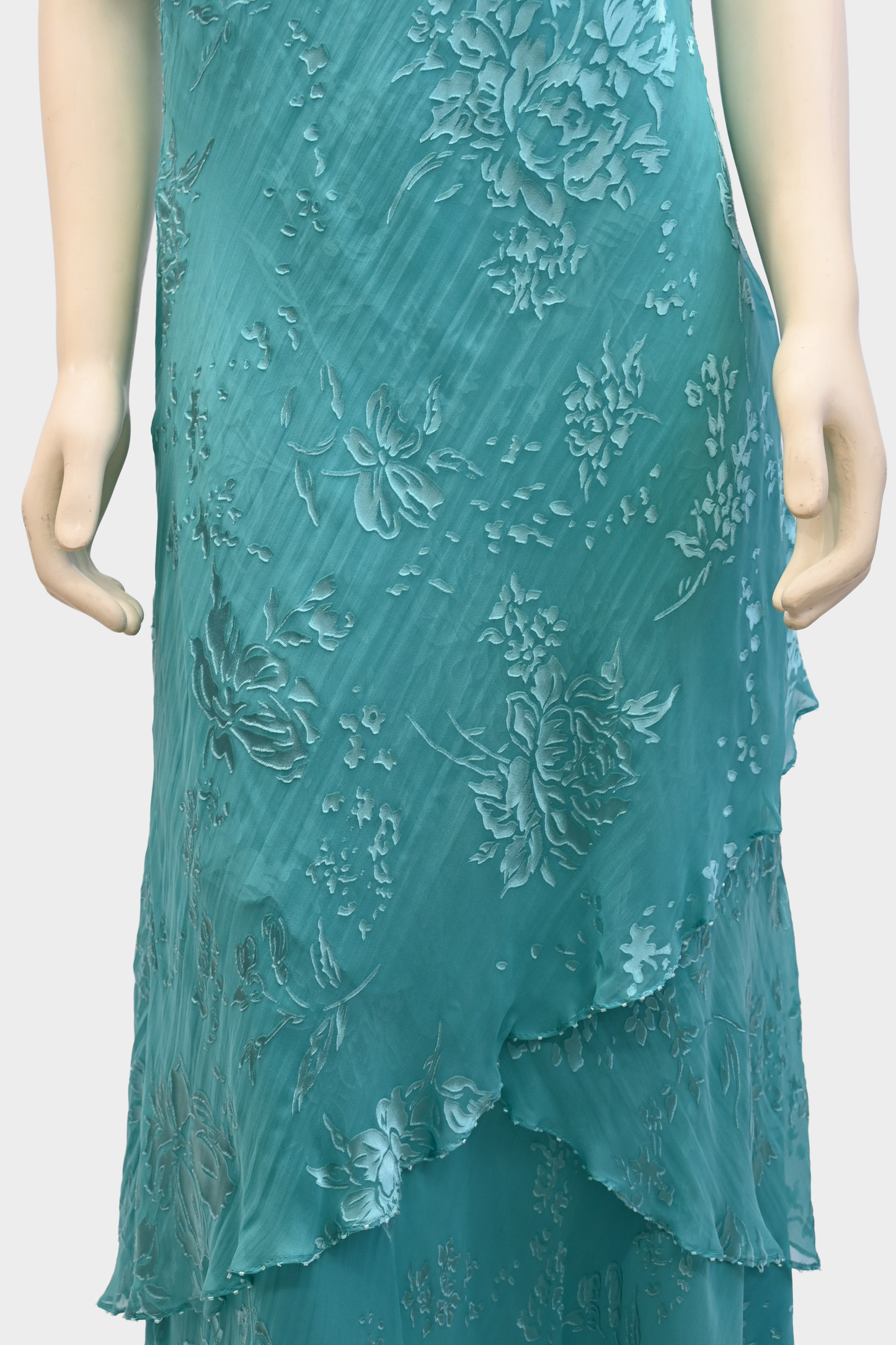 Vintage 100% Silk Off-Shoulder Turquoise Floral Dress