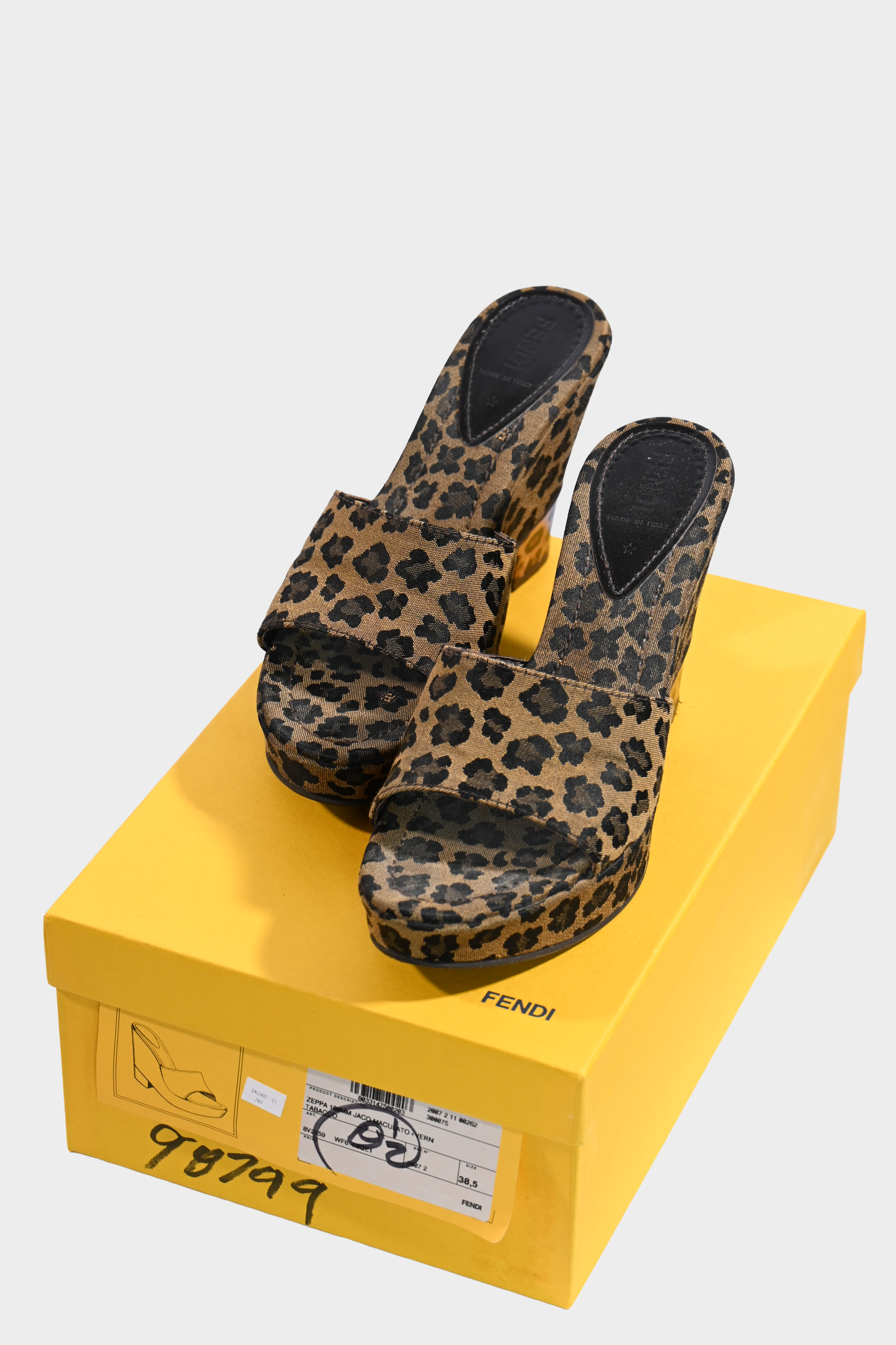 Fendi Zeppa Leopard Jacquard Wedge Mules Size 38.5