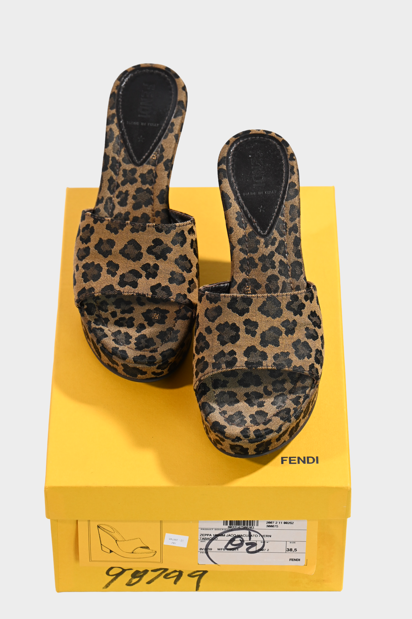 Fendi Zeppa Leopard Jacquard Wedge Mules Size 38.5