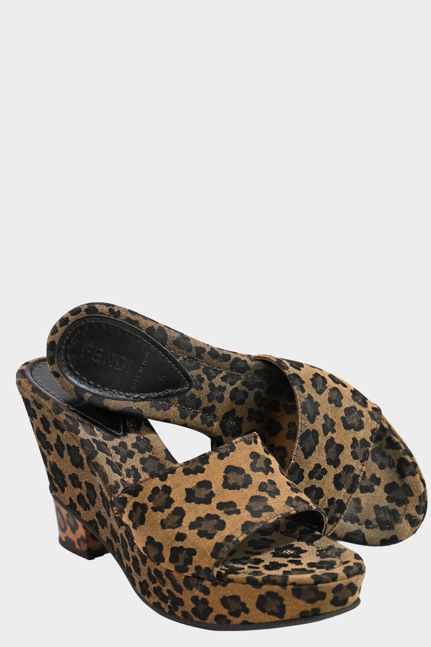 Fendi Zeppa Leopard Jacquard Wedge Mules Size 38.5