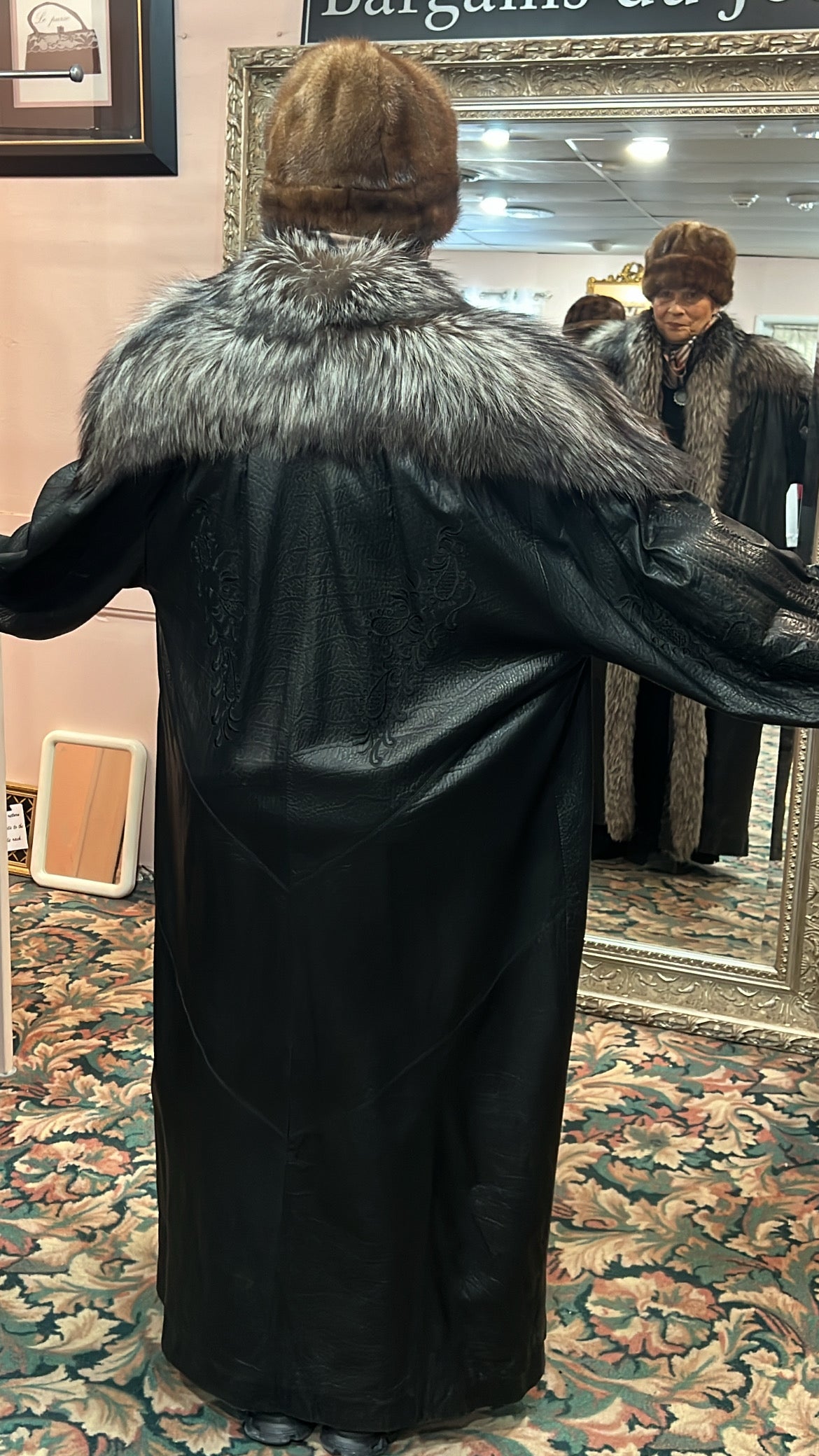SAGA FOX Silver Fox Royal Tuxedo Trim Embroidered Leather Coat