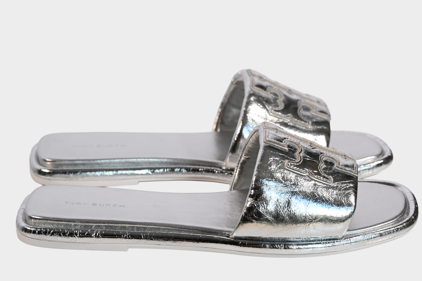 Tory Burch Silver Metallic Double T Slide Sandals Size 9.5