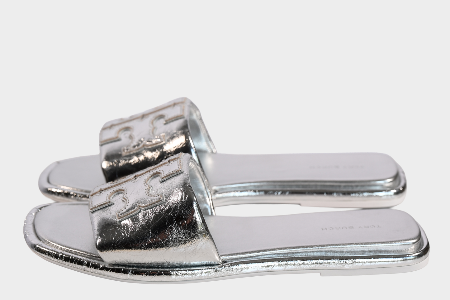 Tory Burch Silver Metallic Double T Slide Sandals Size 9.5