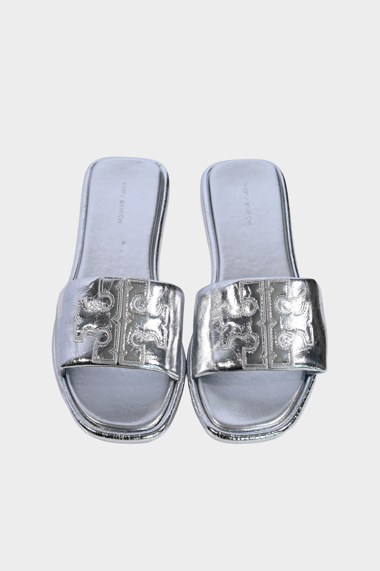 Tory Burch Silver Metallic Double T Slide Sandals Size 9.5