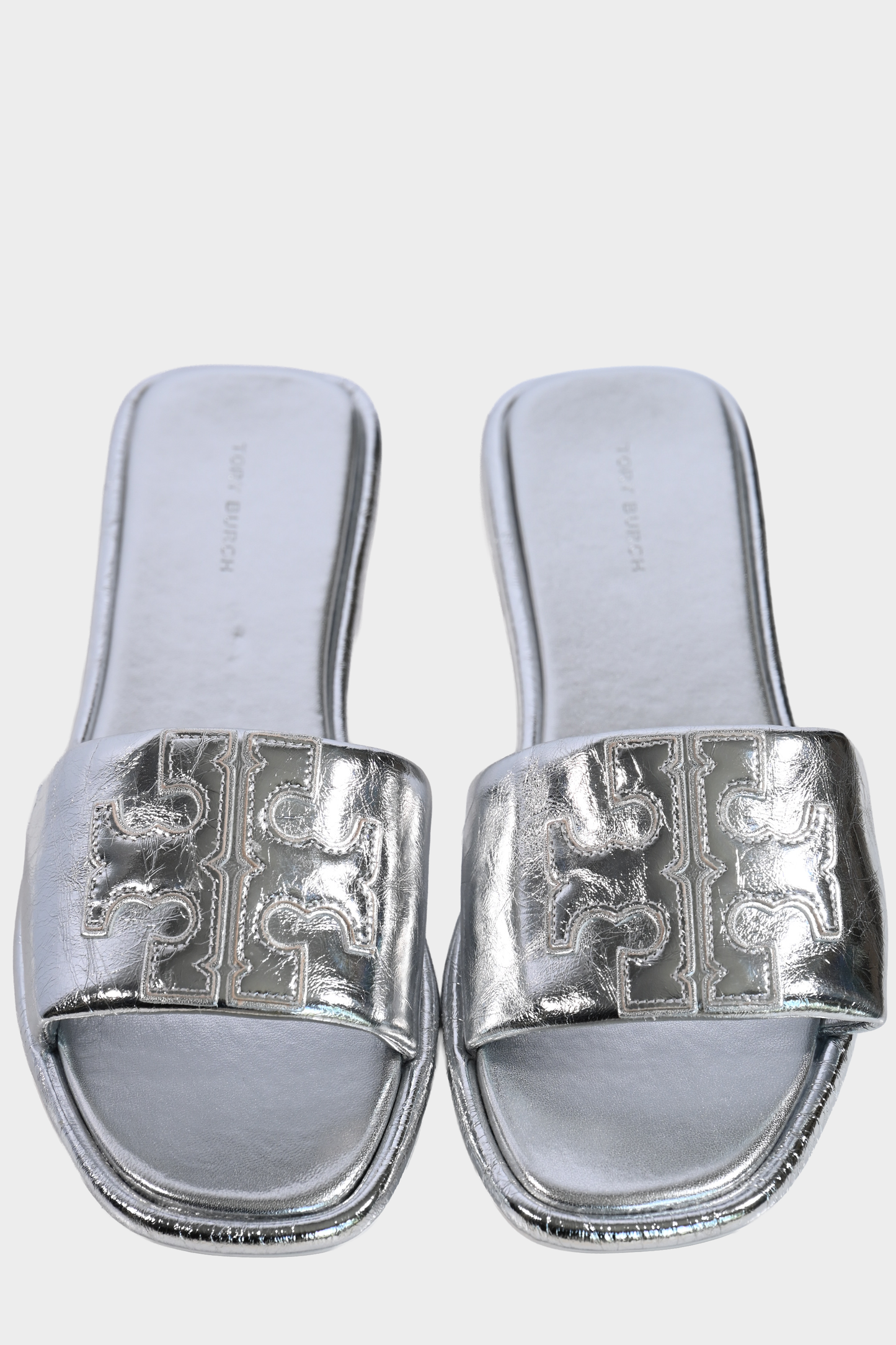 Tory Burch Silver Metallic Double T Slide Sandals Size 9.5