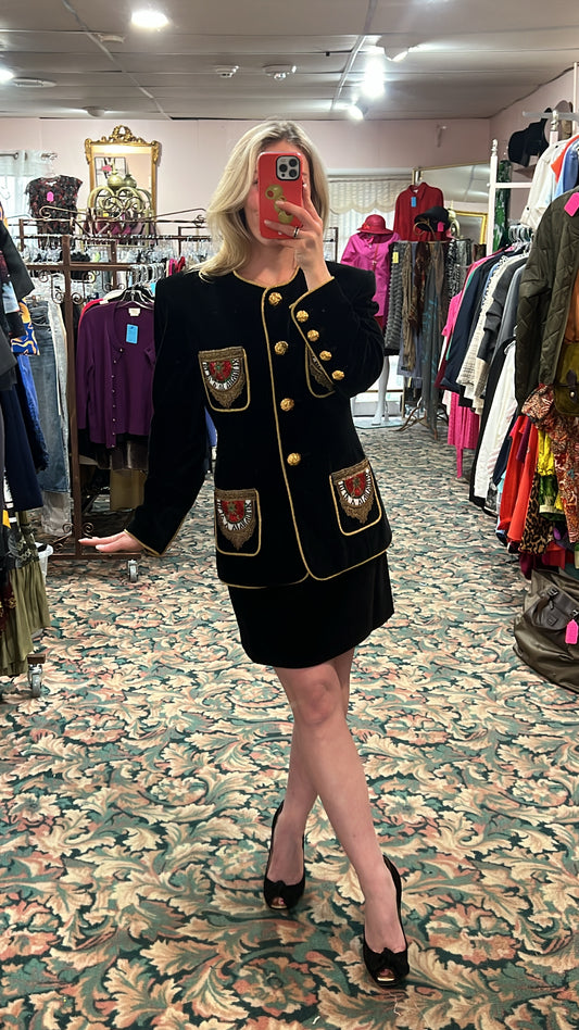 Escada FW 1990 Beaded Velvet 2-Piece Set, Jacket & Skirt