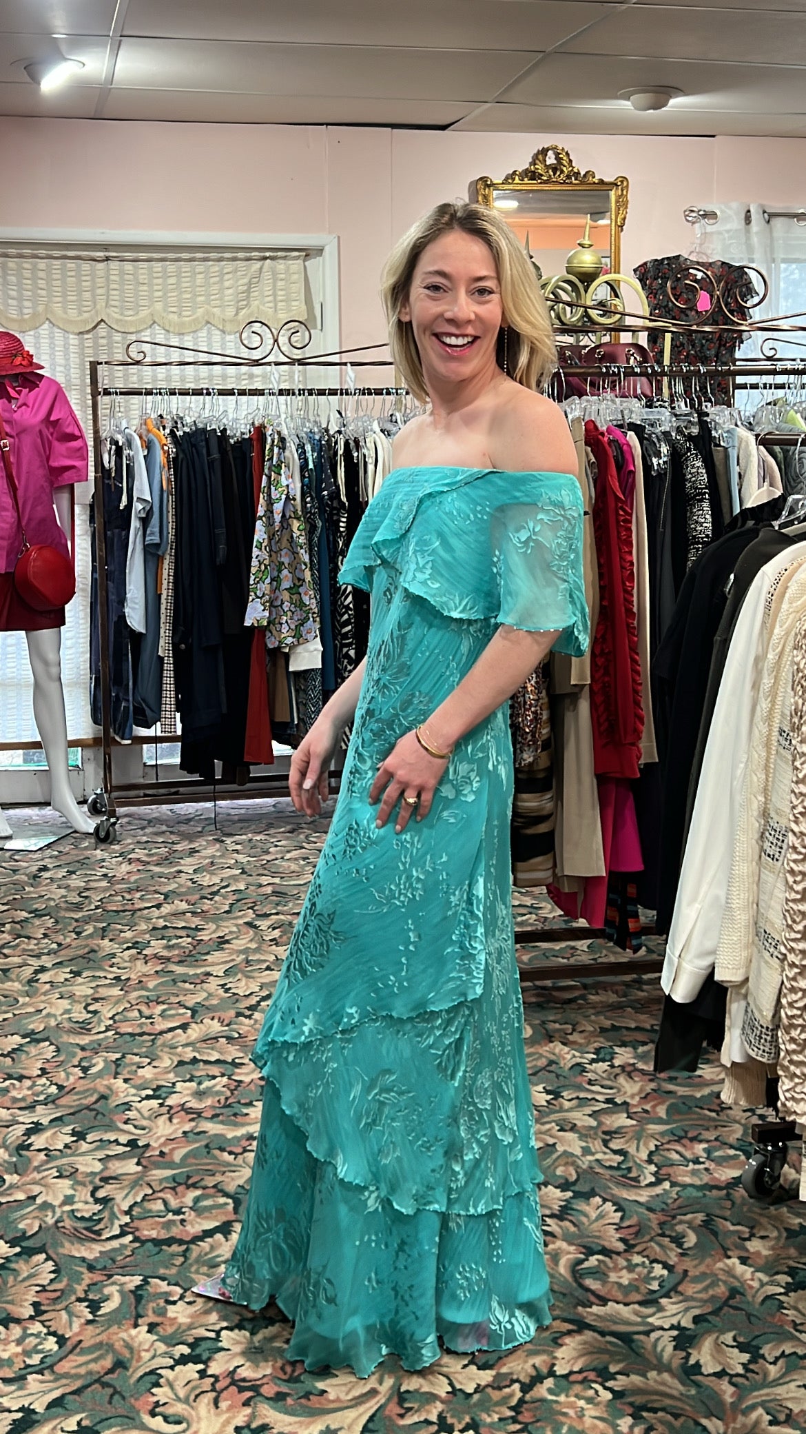 Vintage 100% Silk Off-Shoulder Turquoise Floral Dress