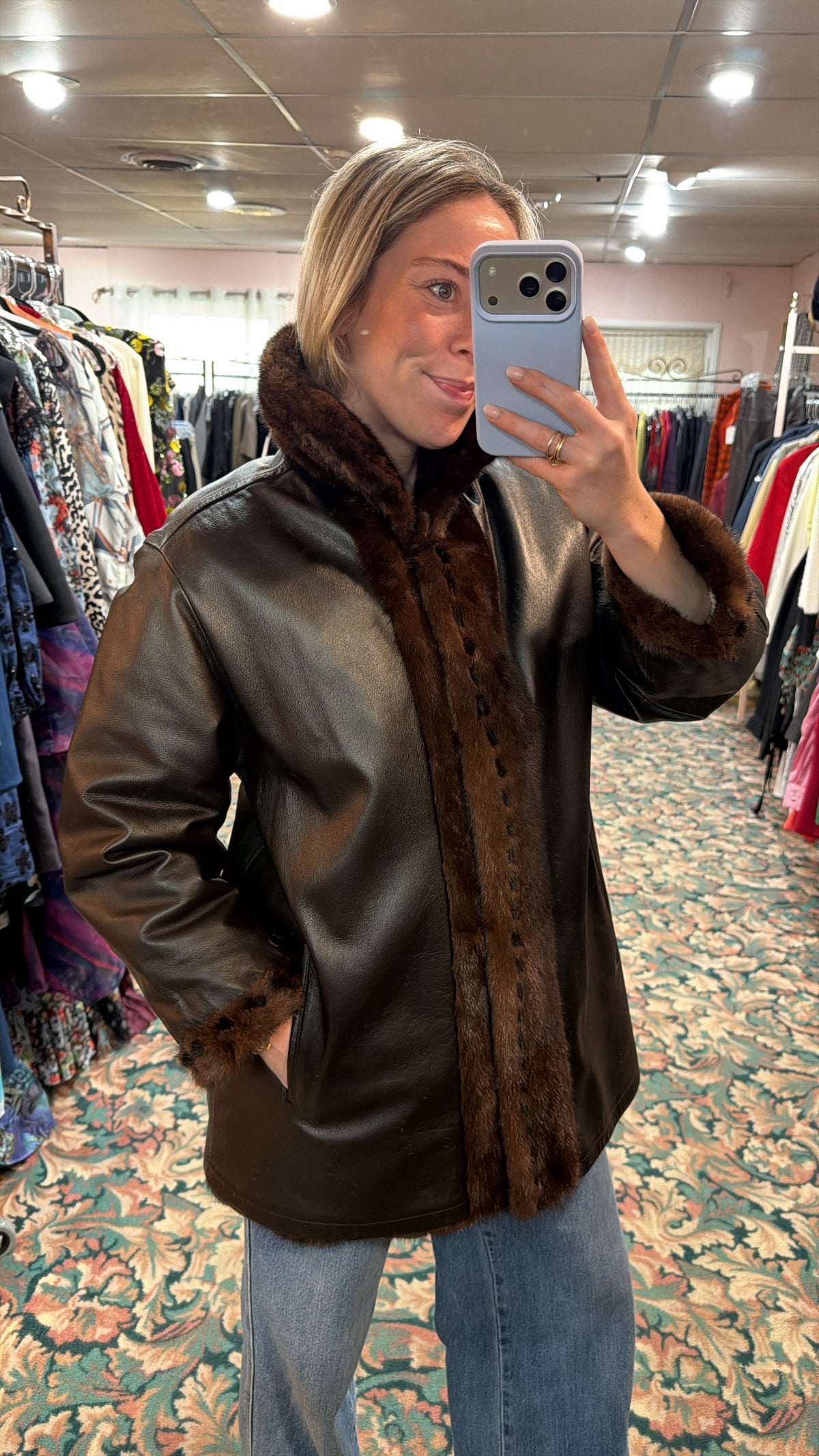 Neiman Marcus Mink Fur & Leather Whipstitch Reversible Jacket