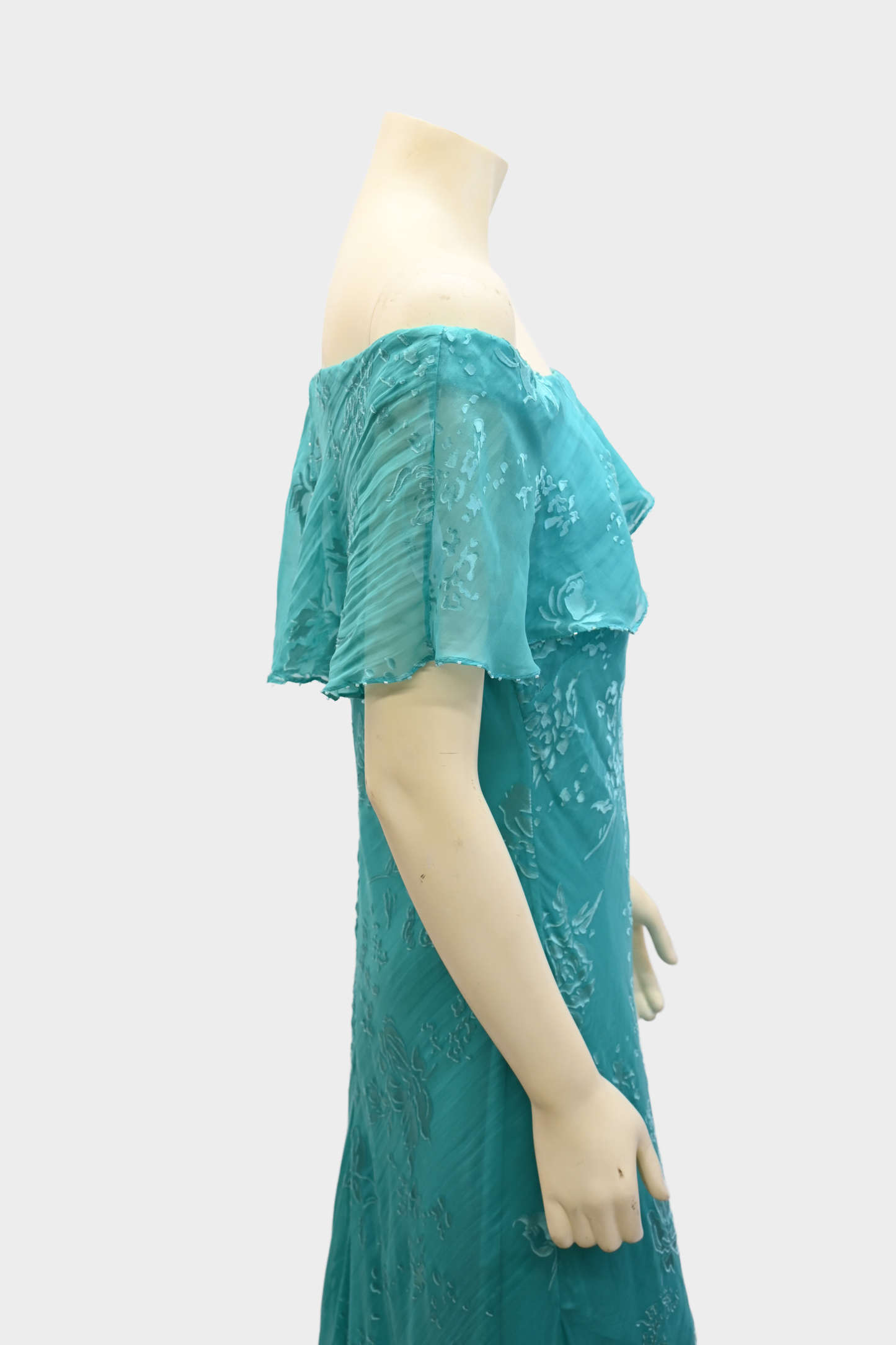 Vintage 100% Silk Off-Shoulder Turquoise Floral Dress