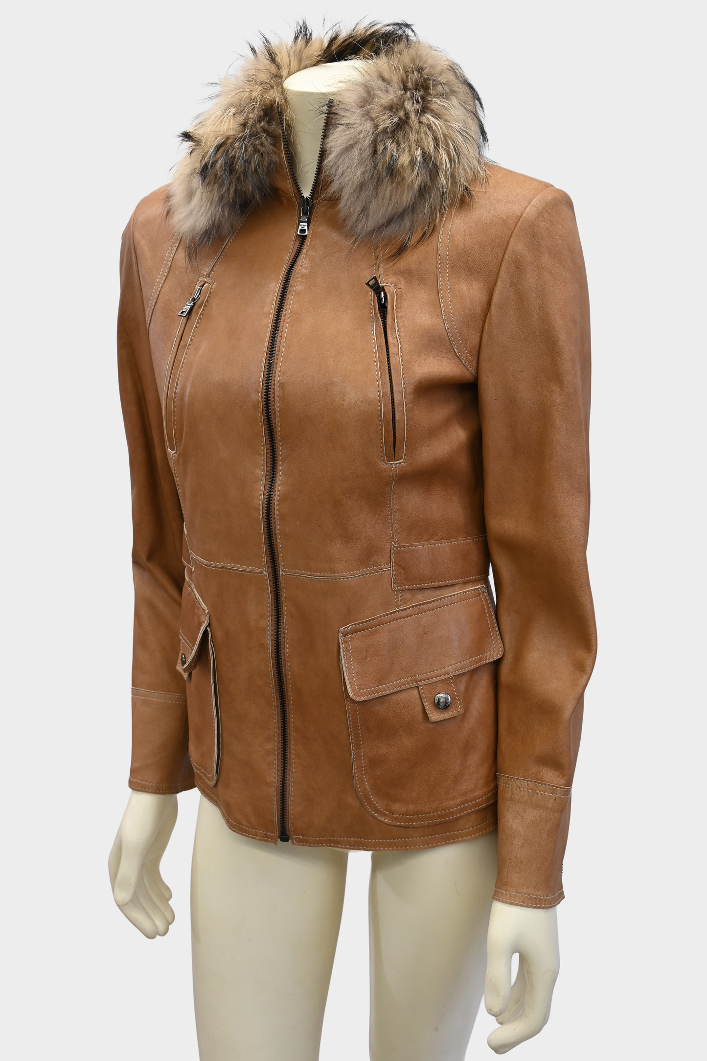 Andrew Marc Leather Jacket with Raccoon Fur Collar
