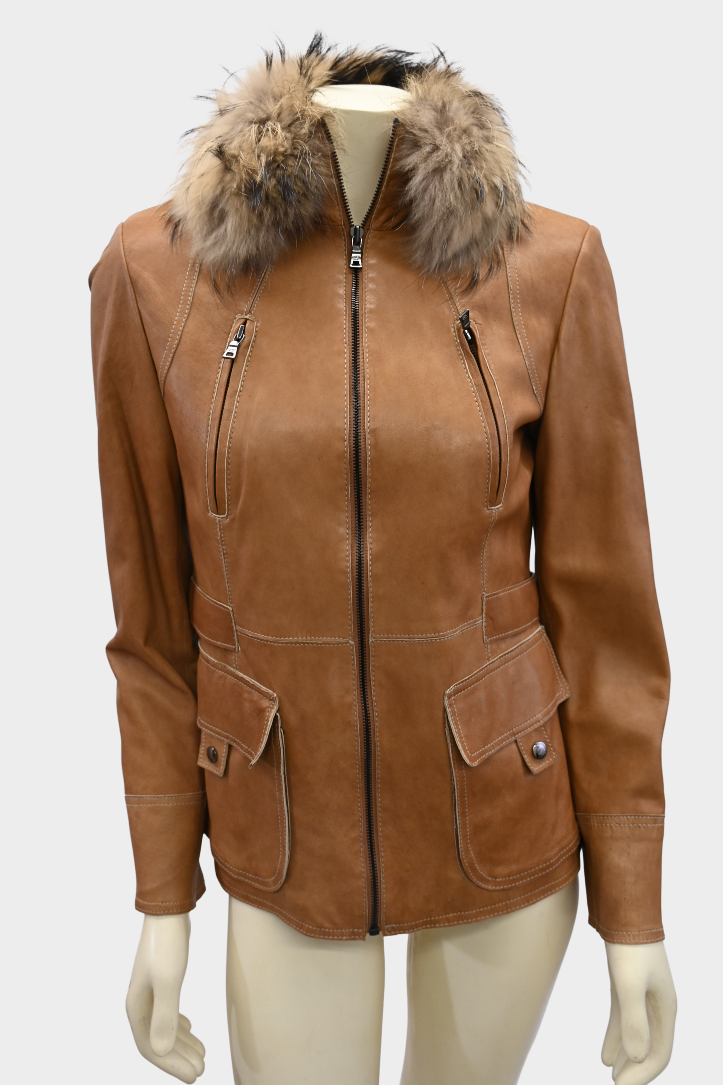 Andrew Marc Leather Jacket with Raccoon Fur Collar
