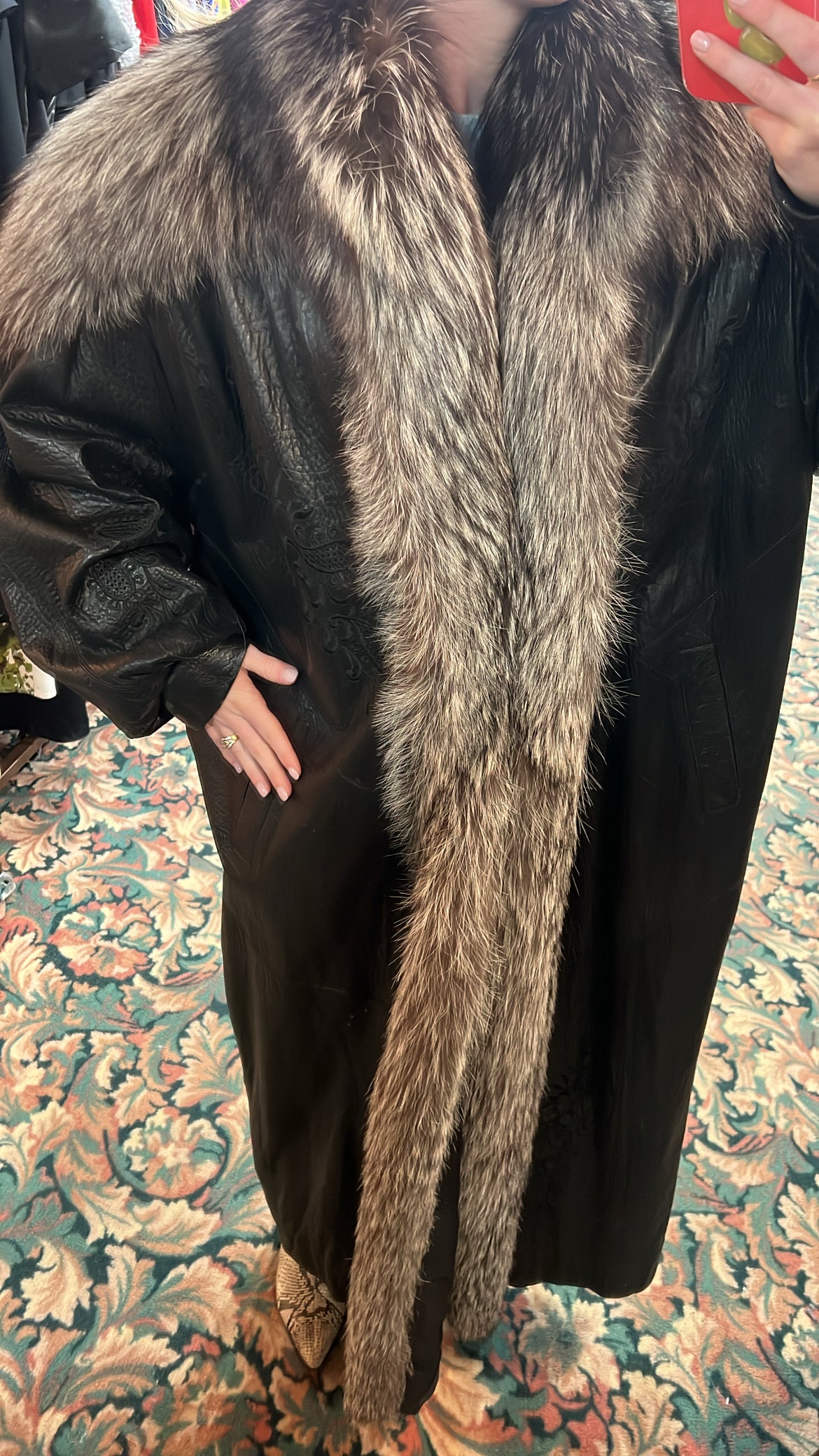 SAGA FOX Silver Fox Royal Tuxedo Trim Embroidered Leather Coat