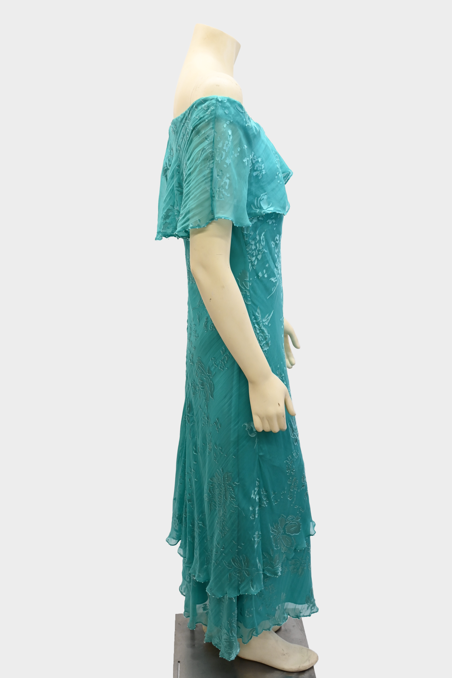 Vintage 100% Silk Off-Shoulder Turquoise Floral Dress