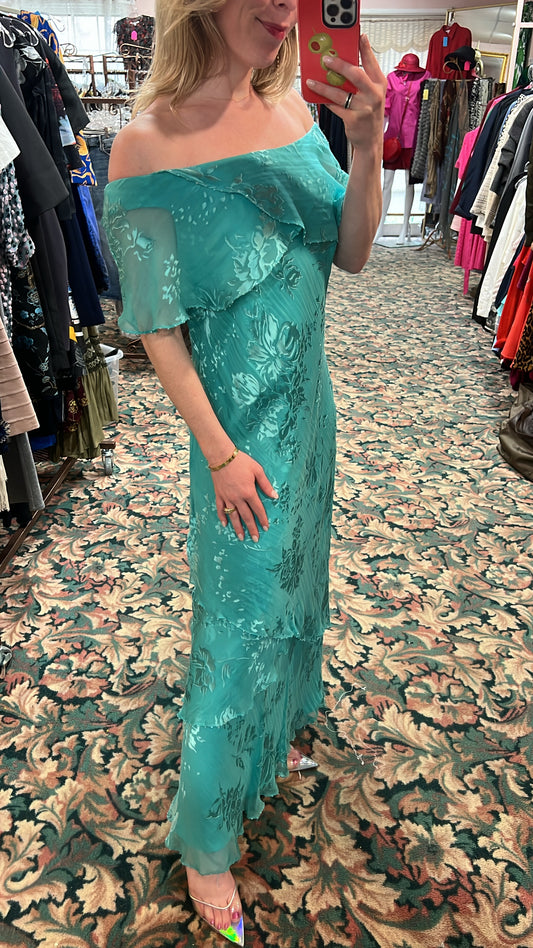 Vintage 100% Silk Off-Shoulder Turquoise Floral Dress