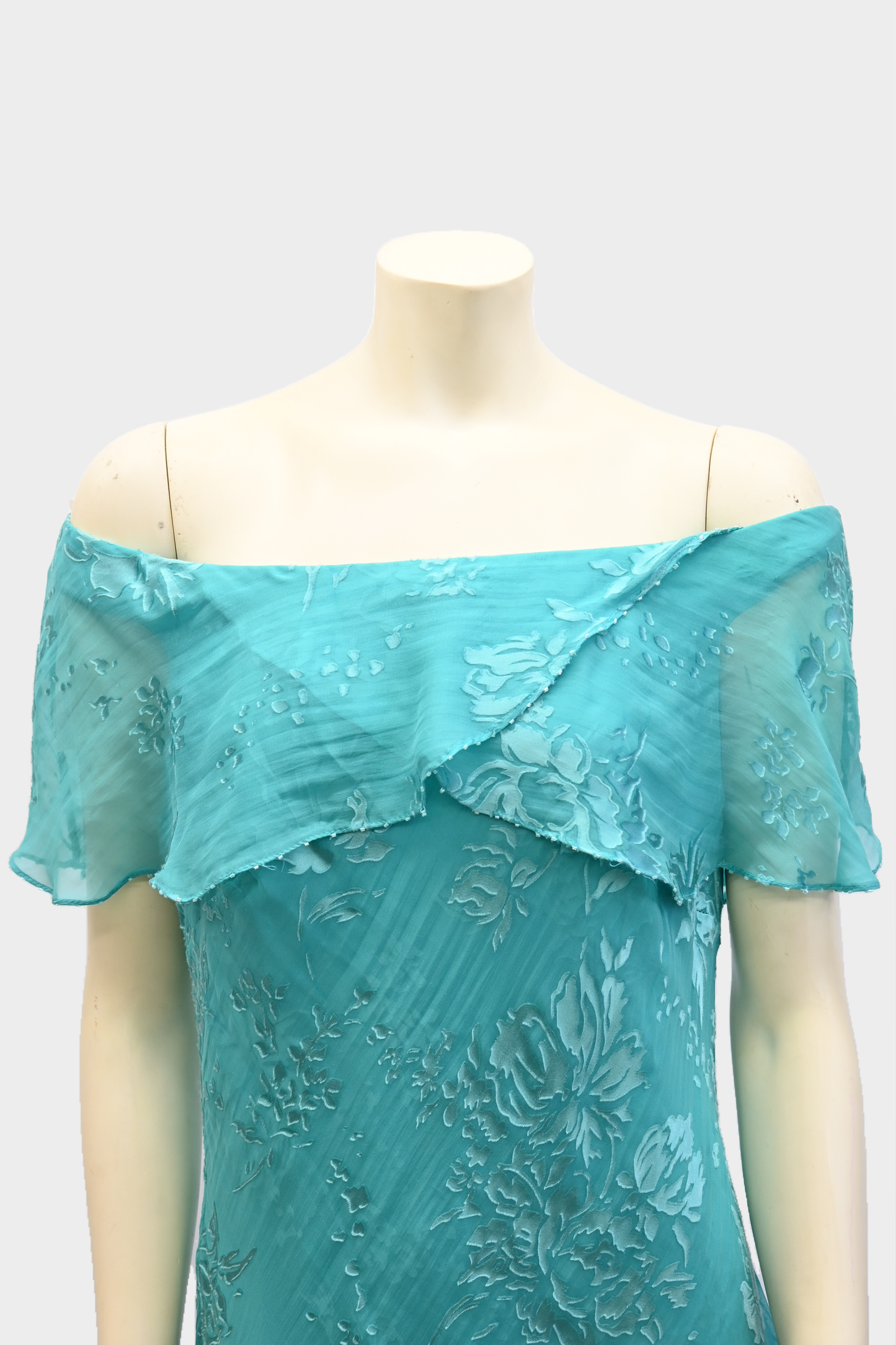 Vintage 100% Silk Off-Shoulder Turquoise Floral Dress