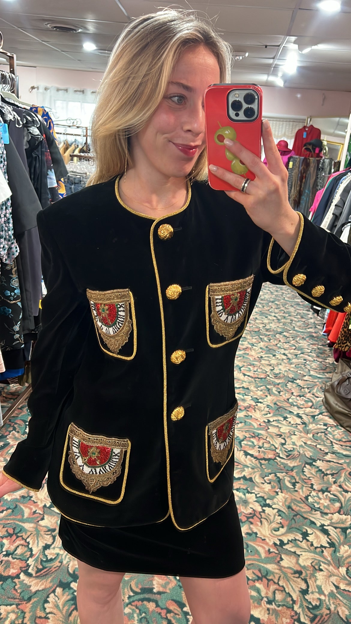 Escada FW 1990 Beaded Velvet 2-Piece Set, Jacket & Skirt