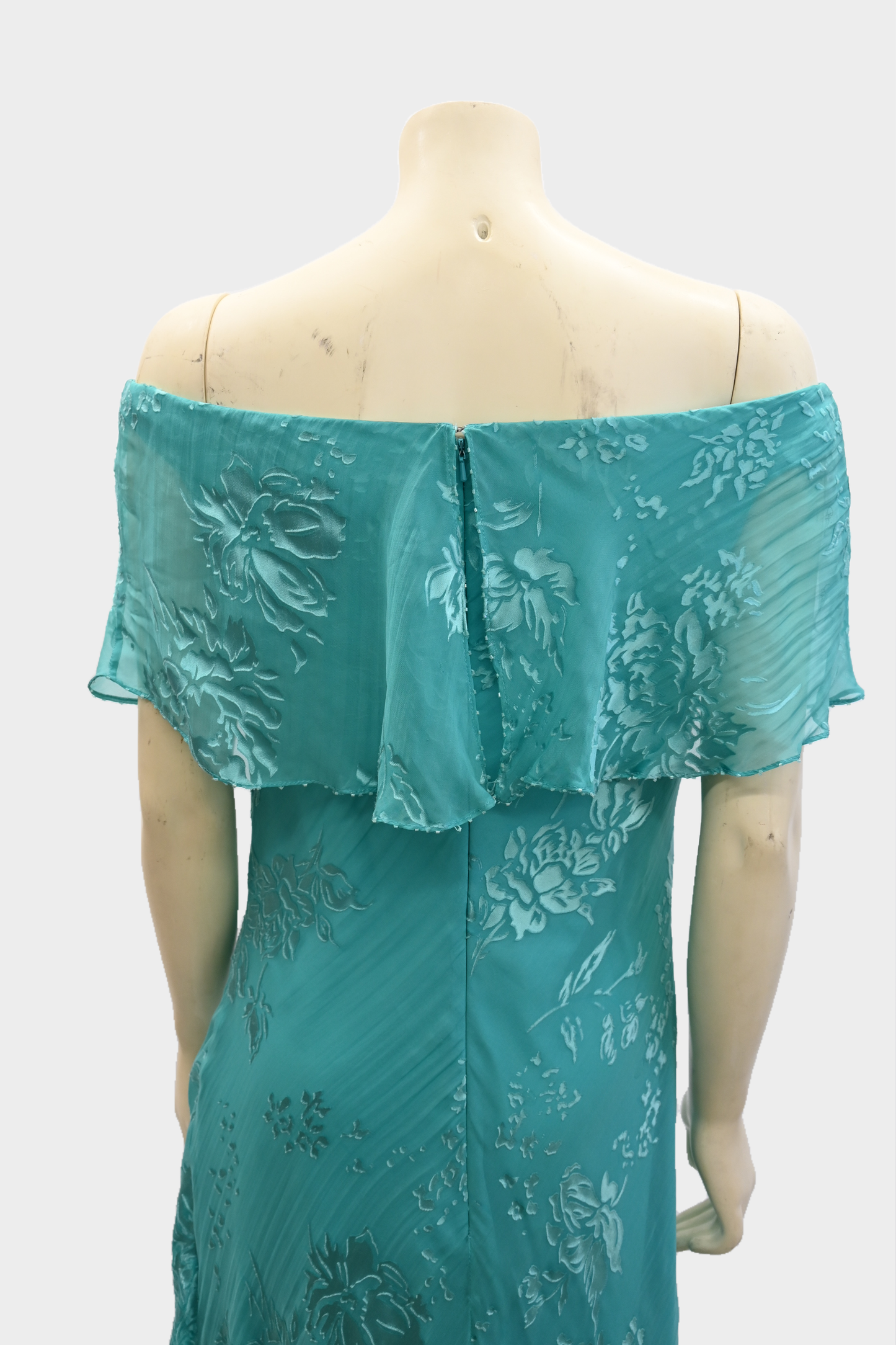 Vintage 100% Silk Off-Shoulder Turquoise Floral Dress