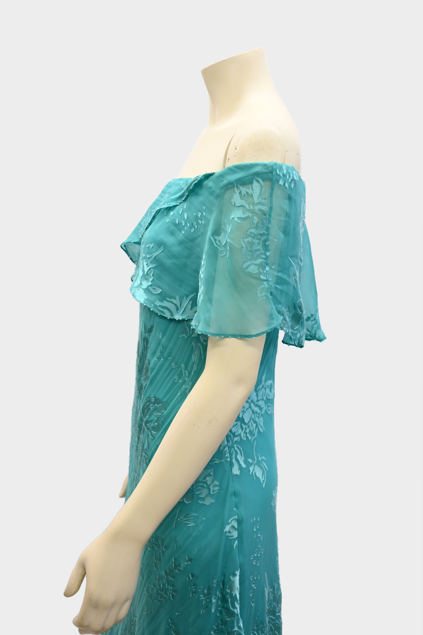 Vintage 100% Silk Off-Shoulder Turquoise Floral Dress