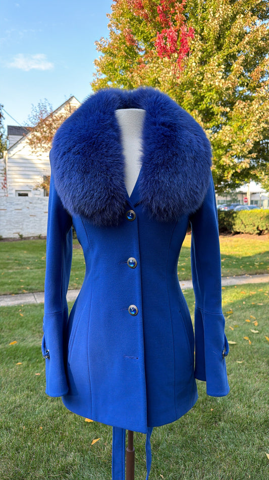 Carlot Corp. Cobalt Blue Wool Jacket with Removable Fox Fur Collar