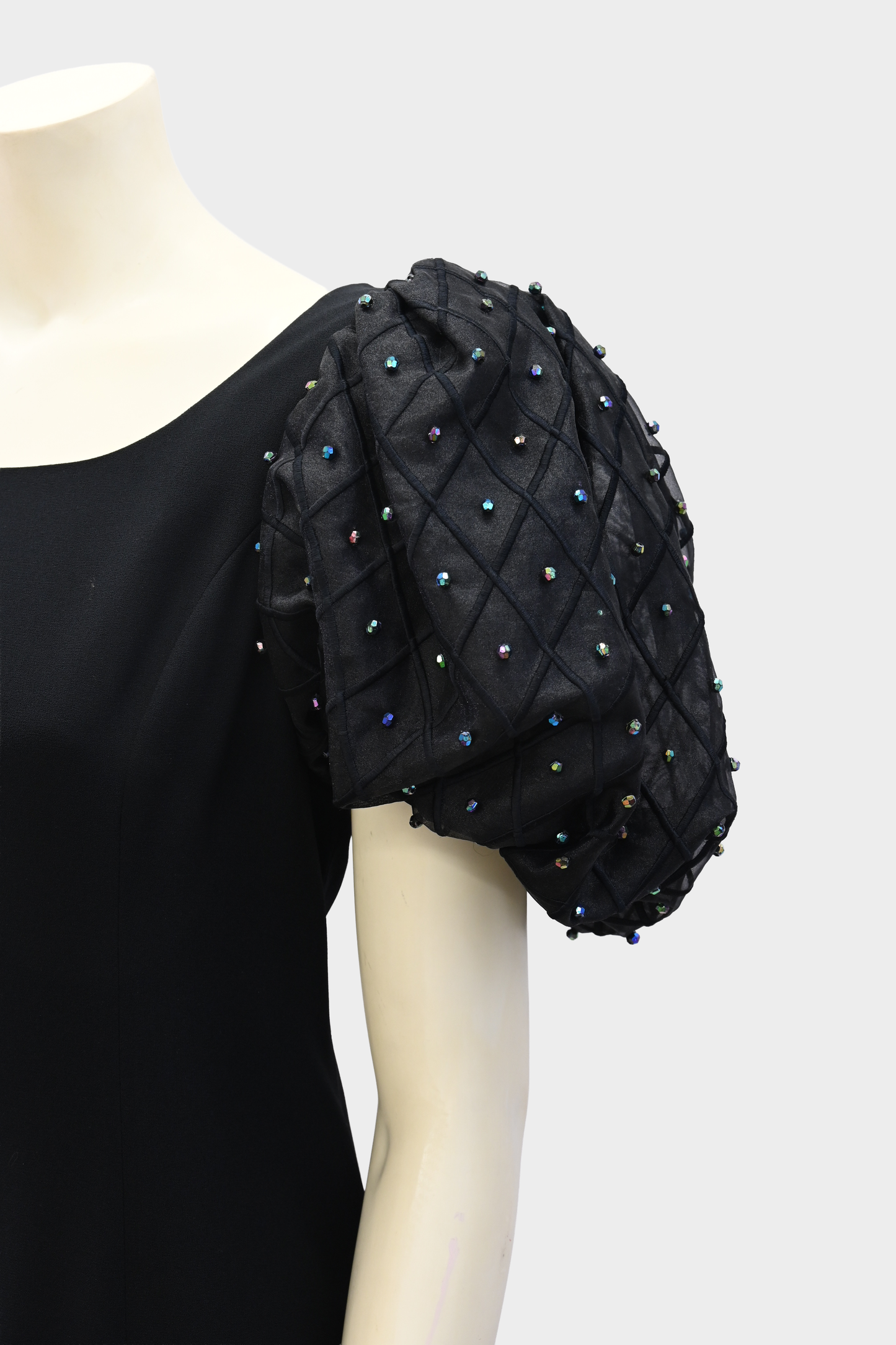Vintage Rimini Black Cocktail Dress with Beaded Puff Sleeves
