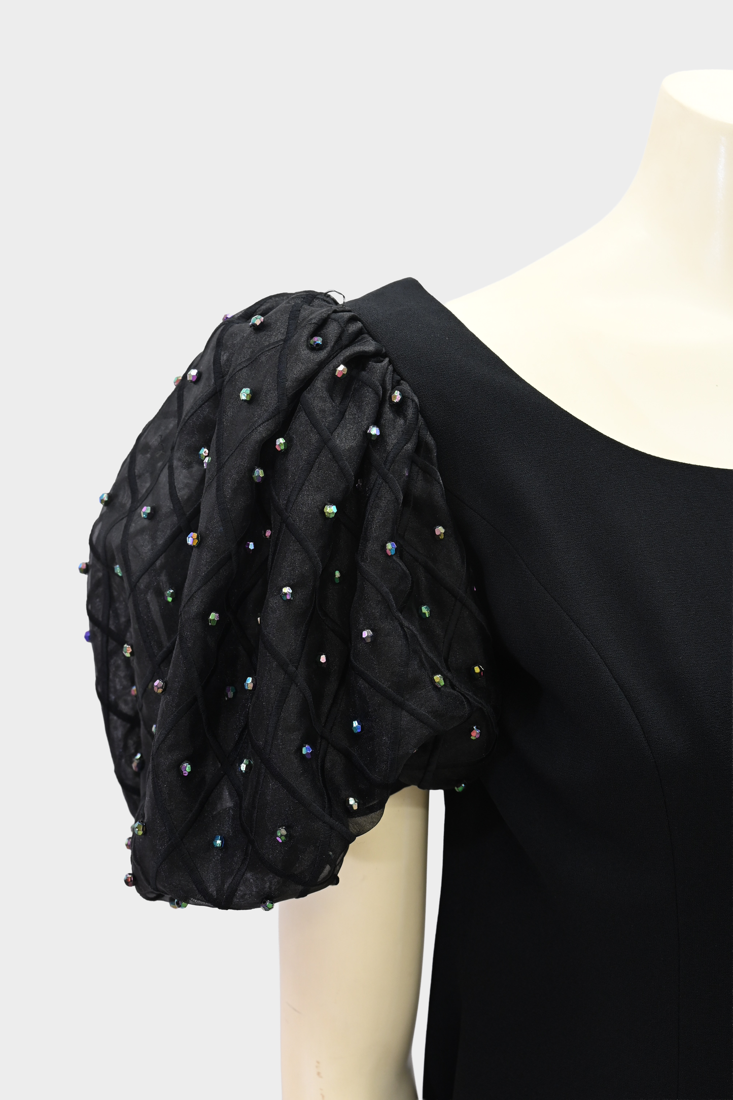 Vintage Rimini Black Cocktail Dress with Beaded Puff Sleeves